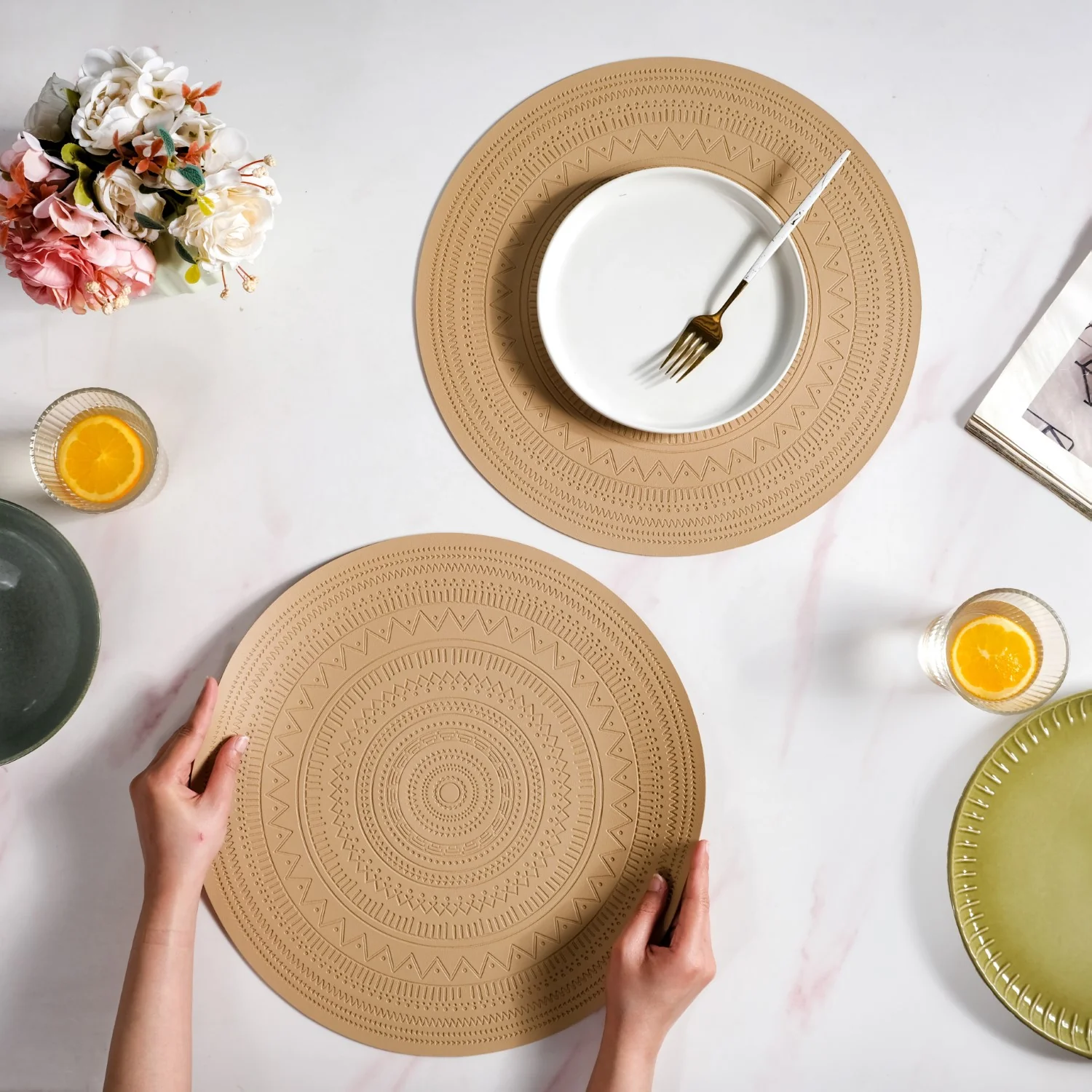 Beige Embossed Warli Design Round Table Mat Set Of 6 - Image 2