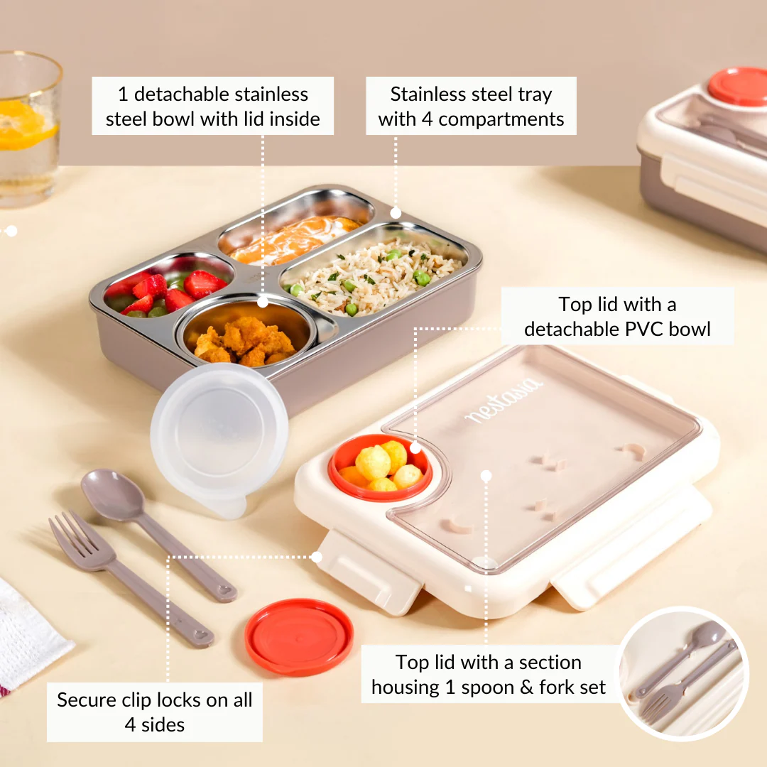 Bento Beige Stainless Steel Insulated Lunch Box For Work 950ml - Image 7