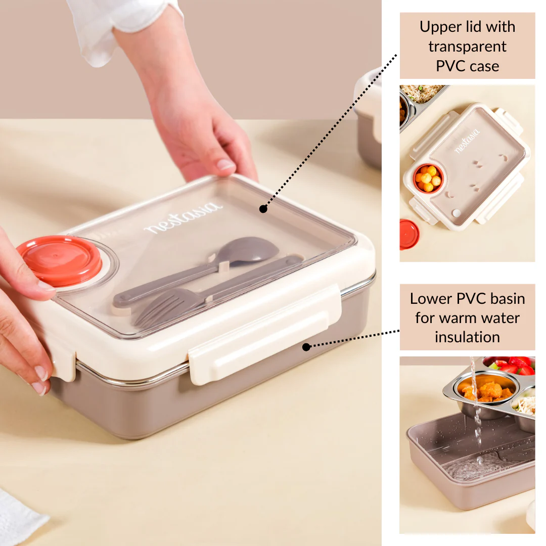 Bento Beige Stainless Steel Insulated Lunch Box For Work 950ml - Image 8