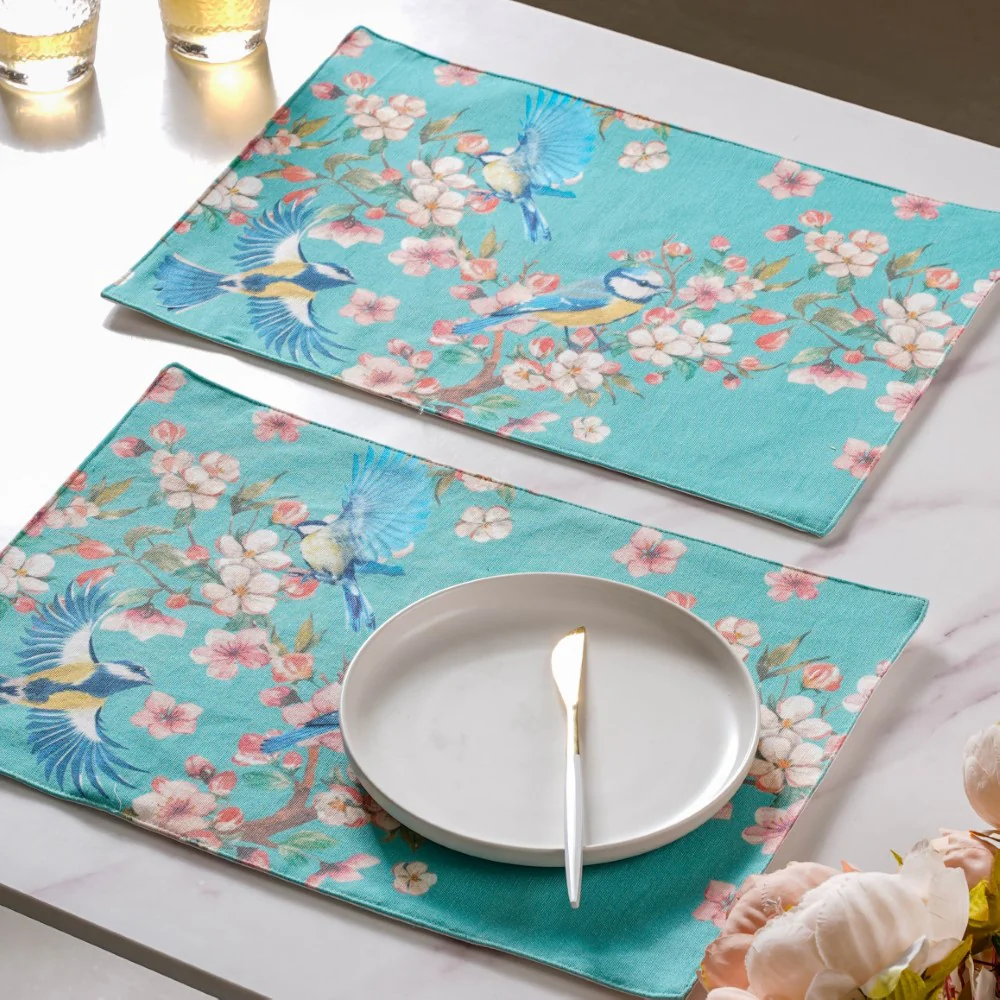Birds Blossoms Cotton Printed Table Mat Blue Set Of 2 - Image 5