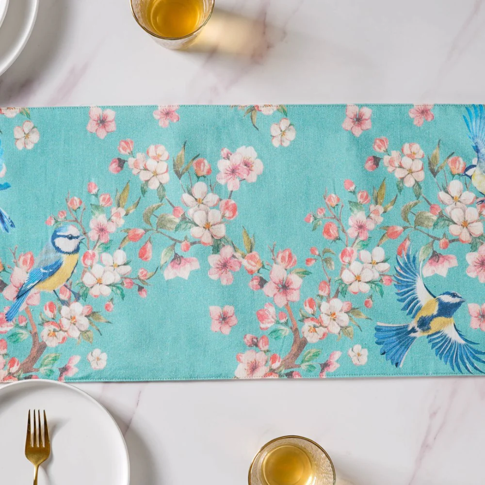Birds Blossoms Cotton Printed Table Runner Blue For 6 Seater - Image 5
