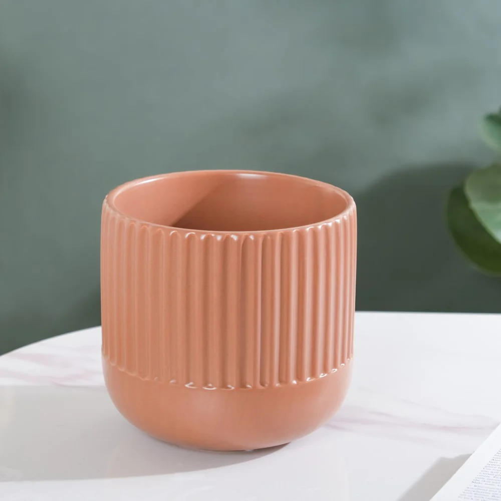 Biscuit Brown Ribbed Flower Pot Small - Image 5