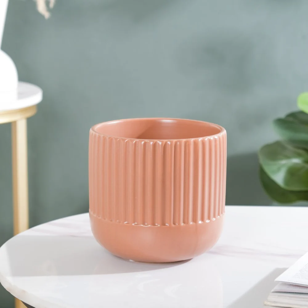 Biscuit Brown Ribbed Flower Pot Small - Image 6