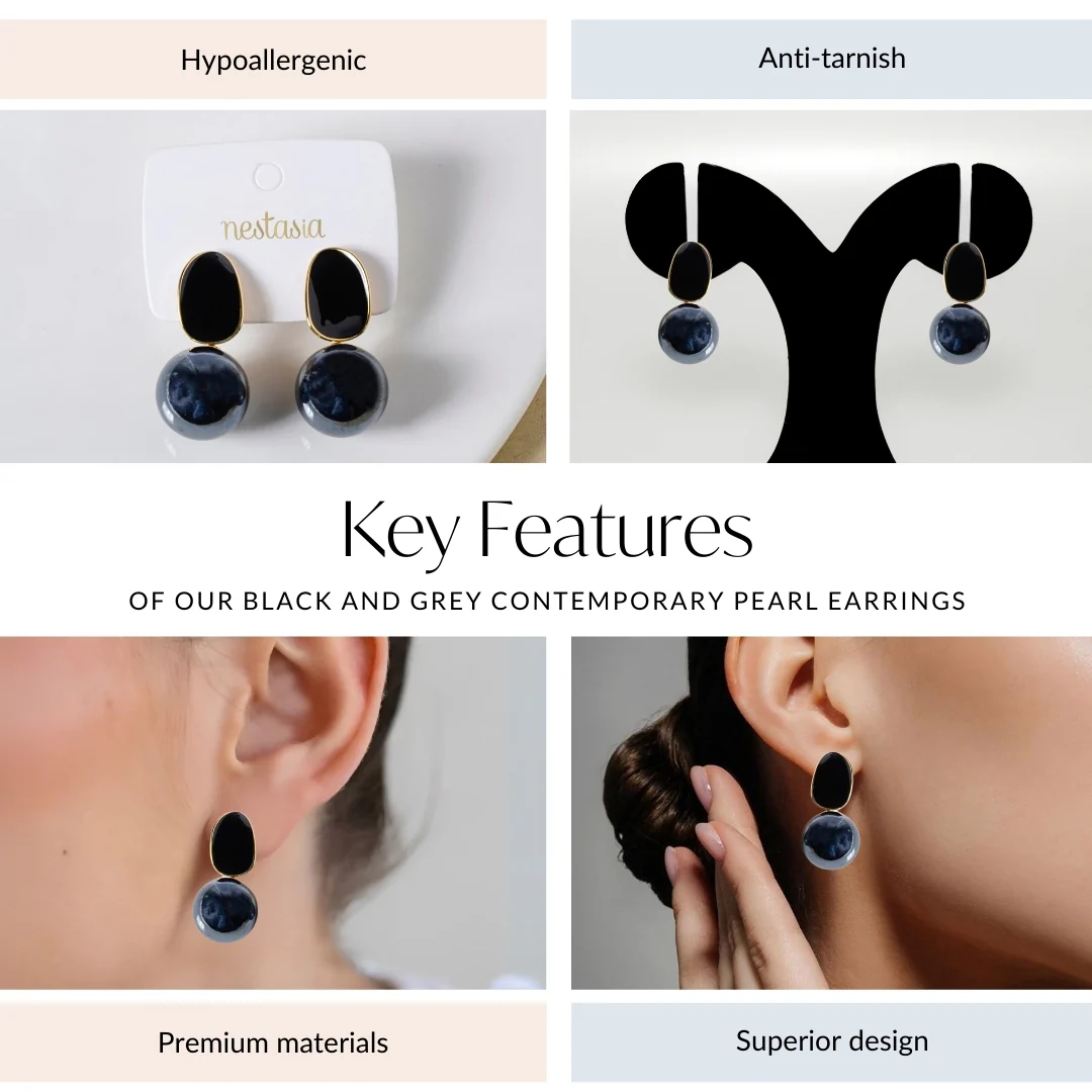 Black And Grey Contemporary Pearl Earrings - Image 4