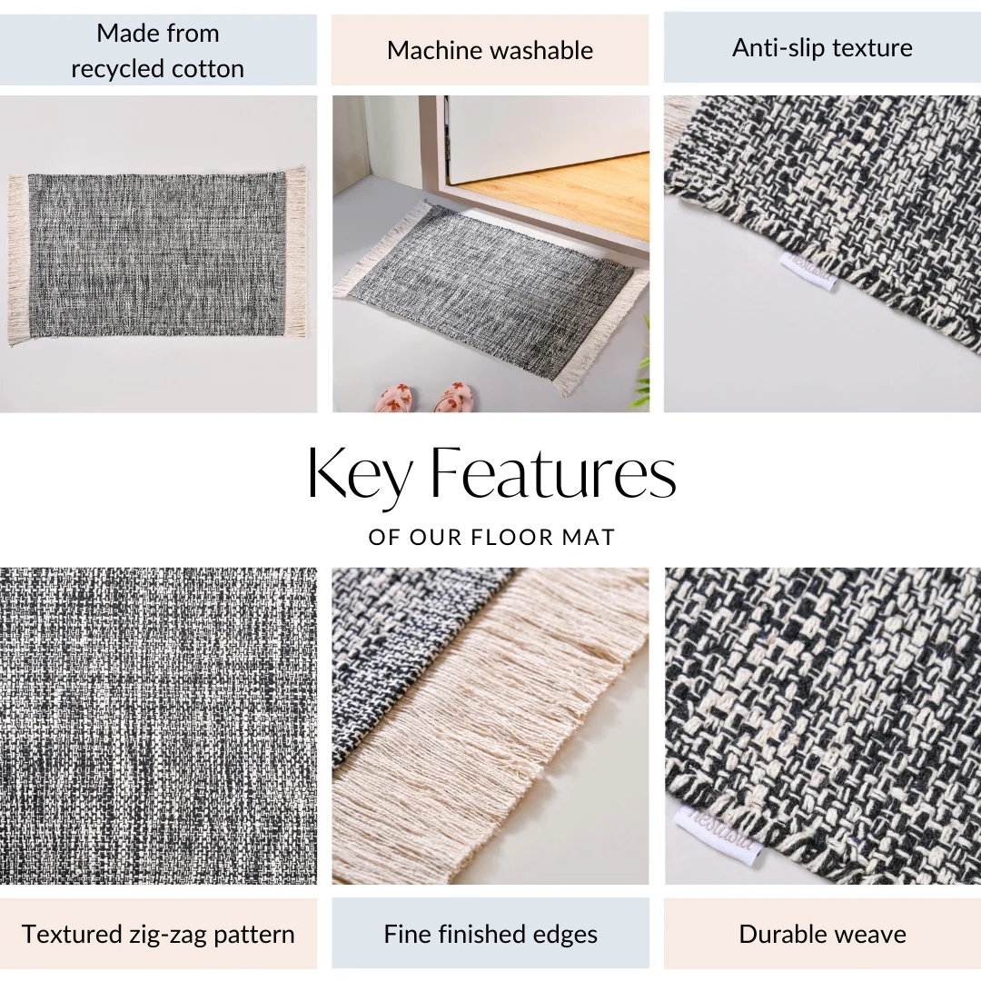 Black And White Tweed Cotton Anti Slip Floor Mat 96x53cm - Image 3