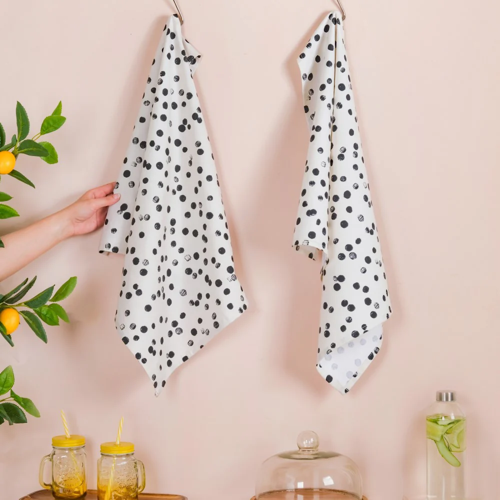 Black Polka Dots Cotton Towel Set Of 2 - Image 2