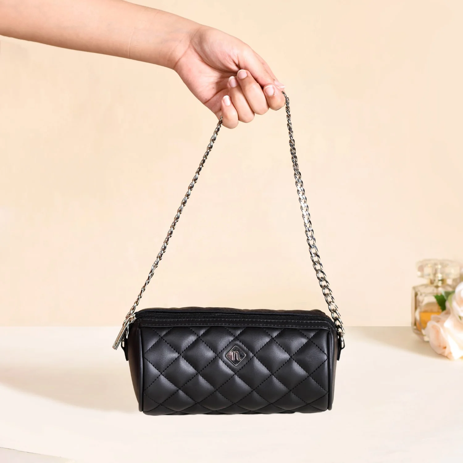 Black Quilted Mini Barrel Bag - Image 11