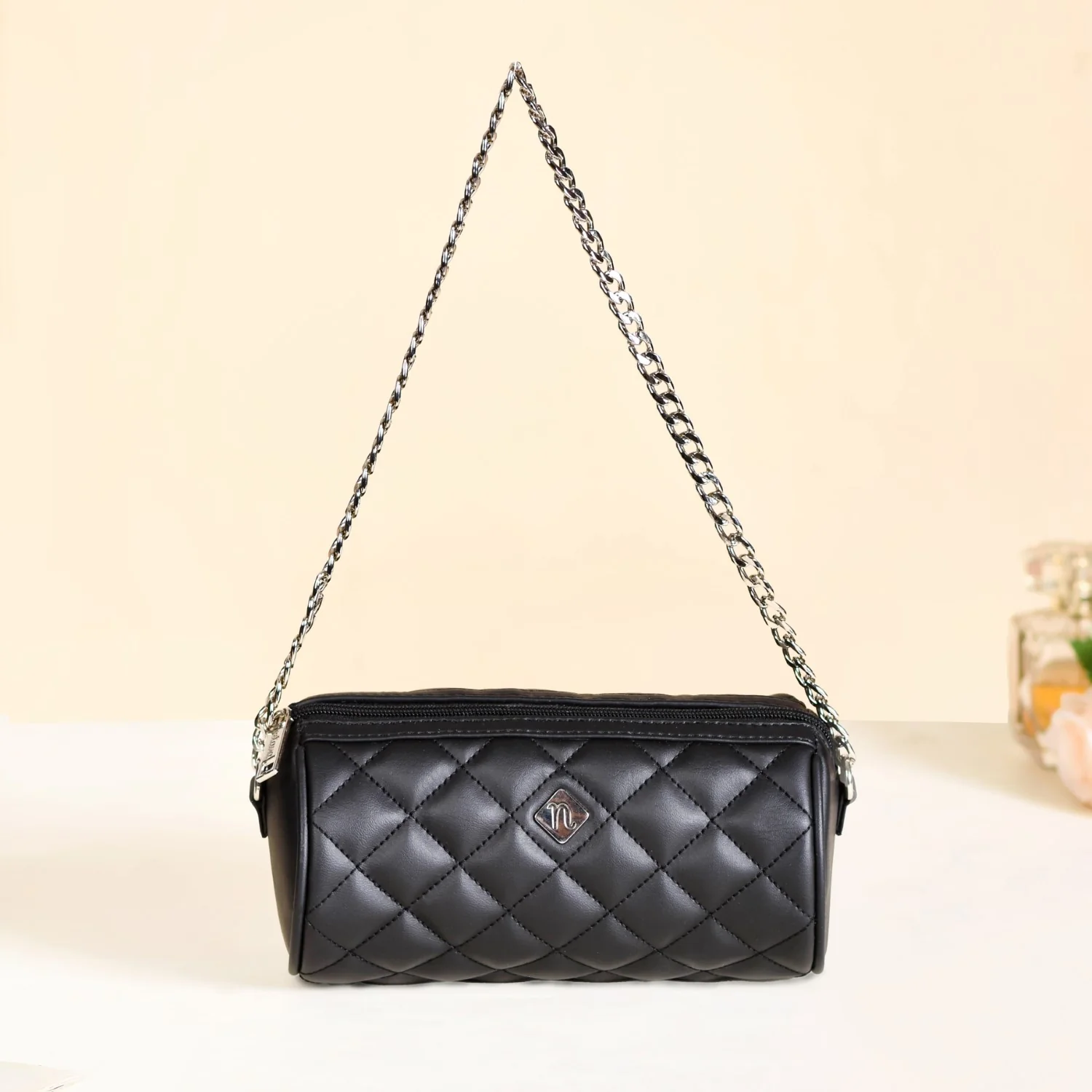 Black Quilted Mini Barrel Bag - Image 3
