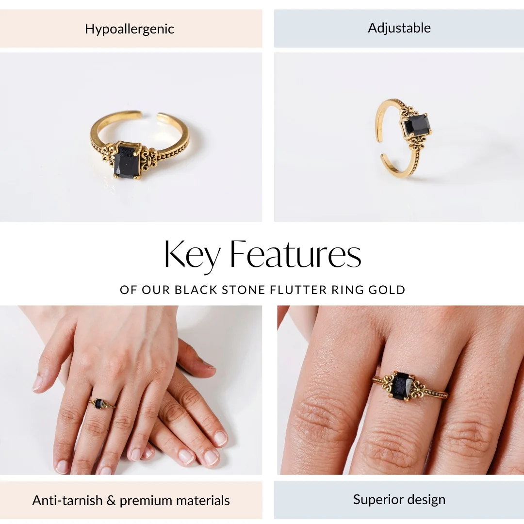Black Stone Flutter Ring Gold - Image 4