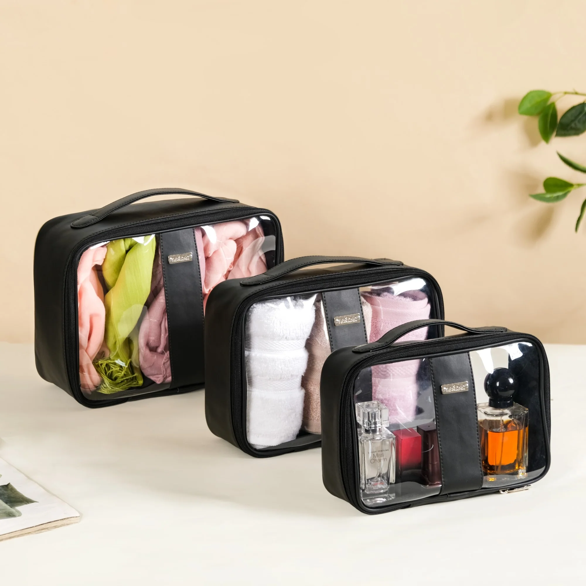 Black Vegan Leather Transparent Travel Kit Set Of 3 - Image 2