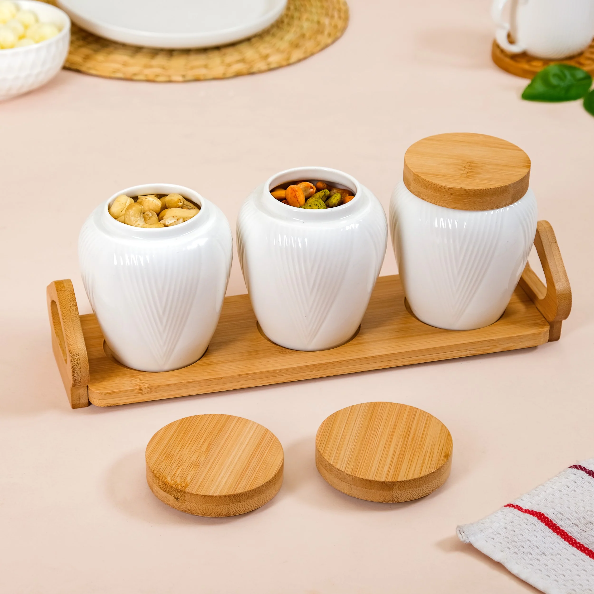 Blanca Set Of 3 Airtight Ceramic Jars With Lids And Wooden Tray - Image 3