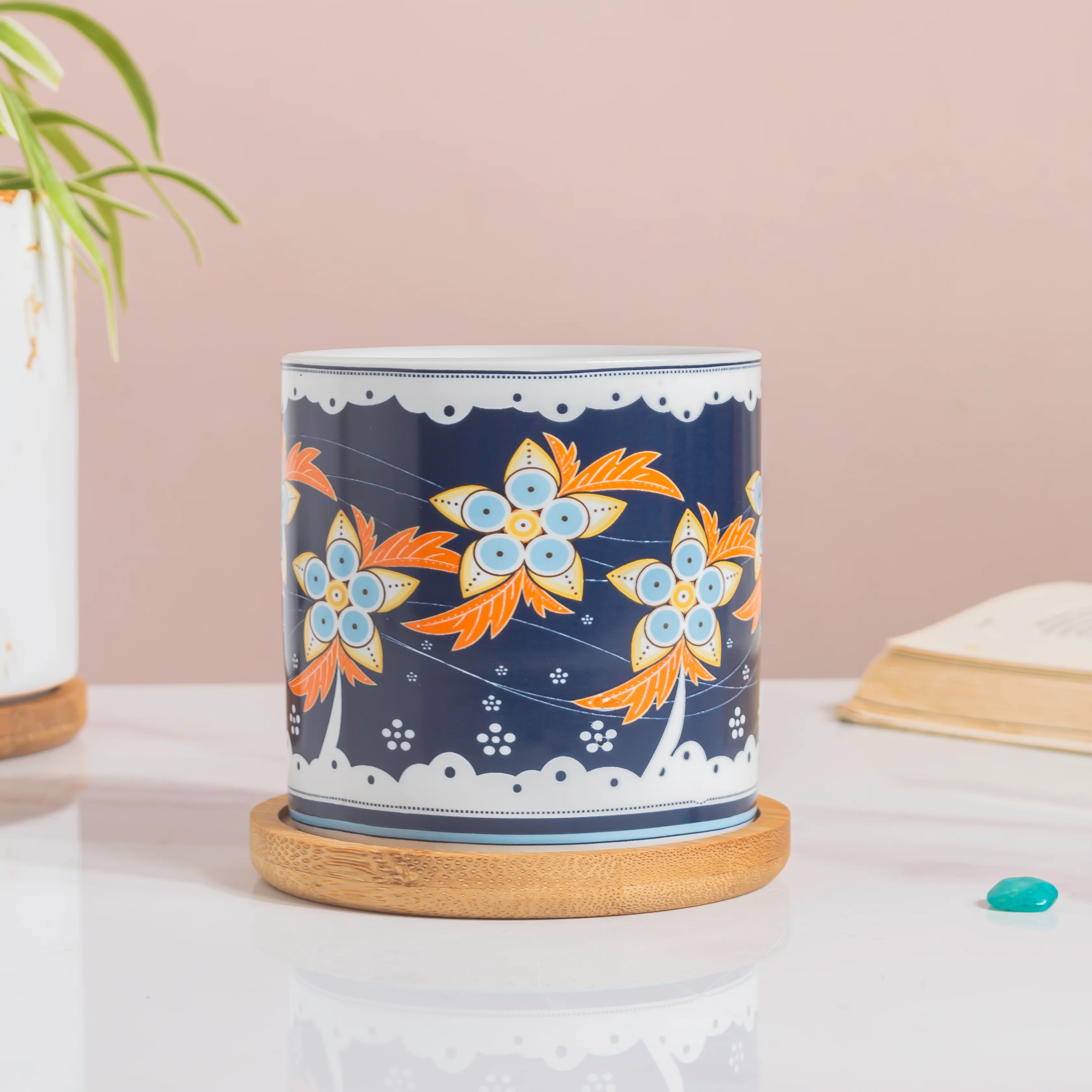 Bloom Fiesta Botanical Planter Blue With Wooden Coaster - Image 6