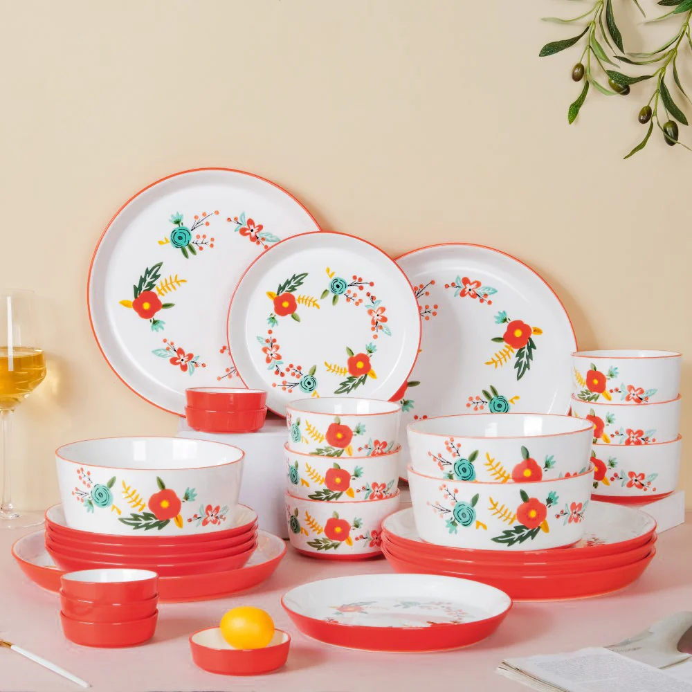 Bloom Red 27 Piece Dinner Set For 6