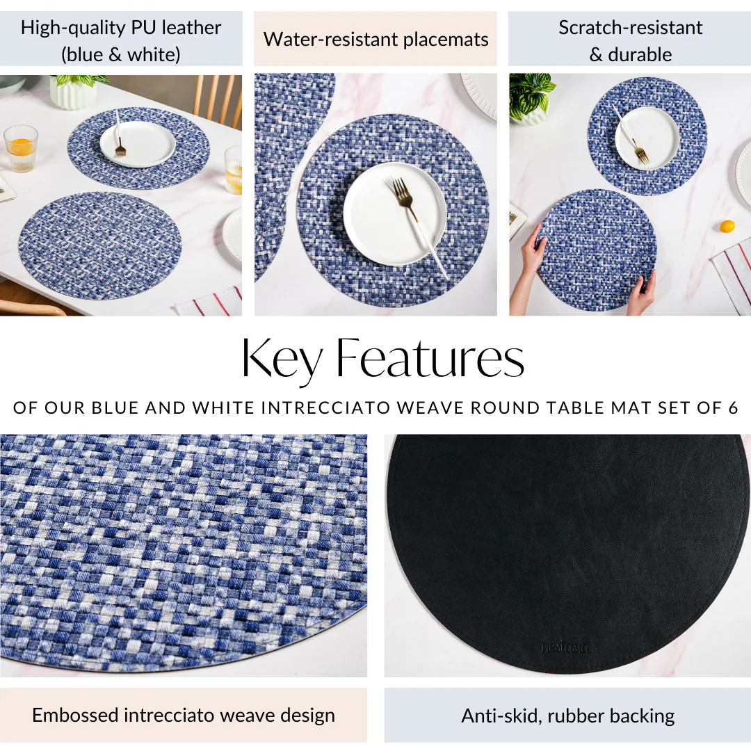 Blue And White Intrecciato Weave Round Table Mat Set Of 6 - Image 4