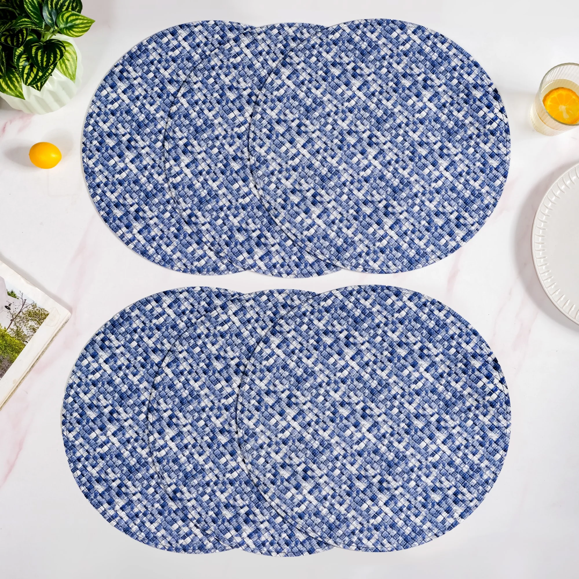 Blue And White Intrecciato Weave Round Table Mat Set Of 6 - Image 6
