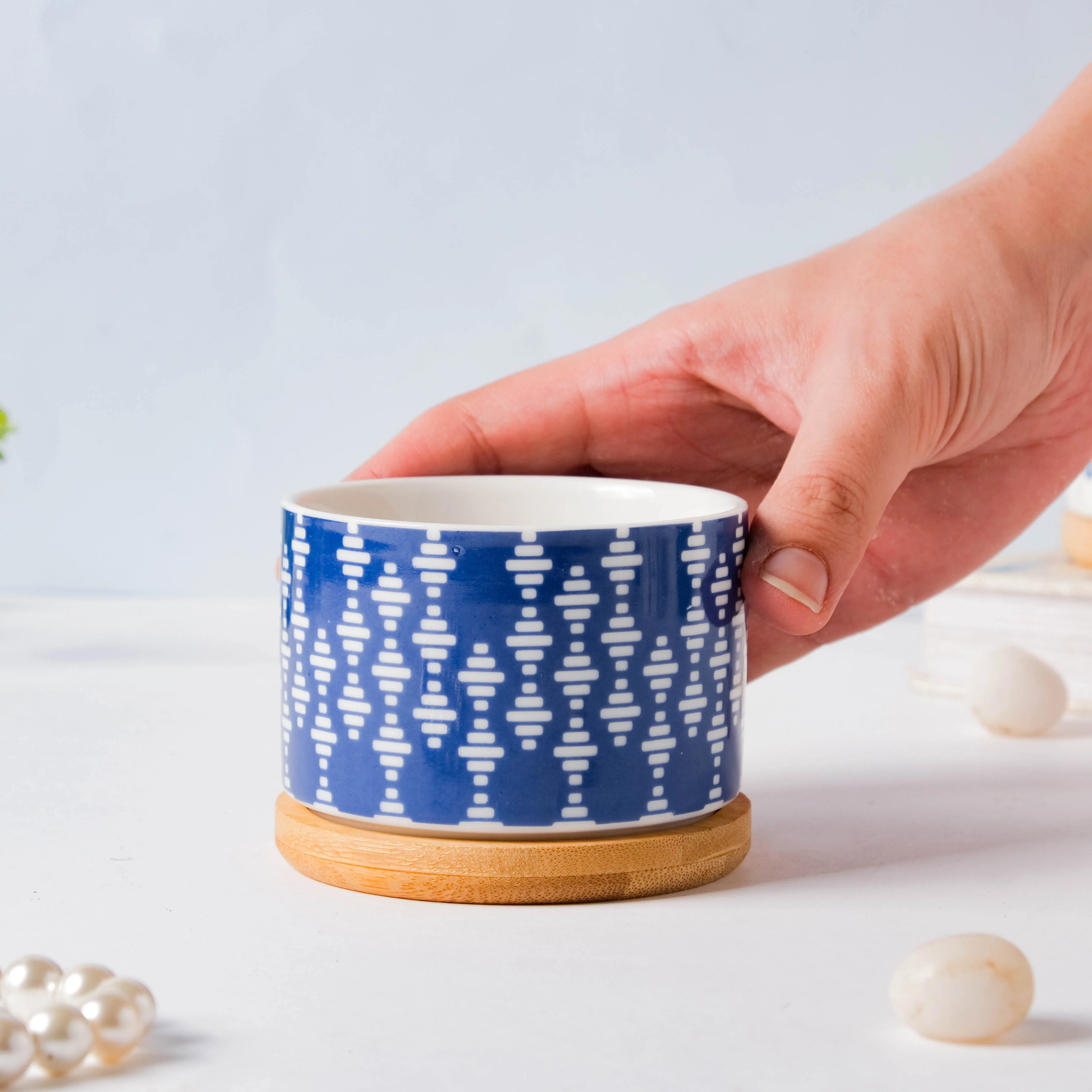 Blue Curtain Printed White Pattern Planter With Coaster - Image 2