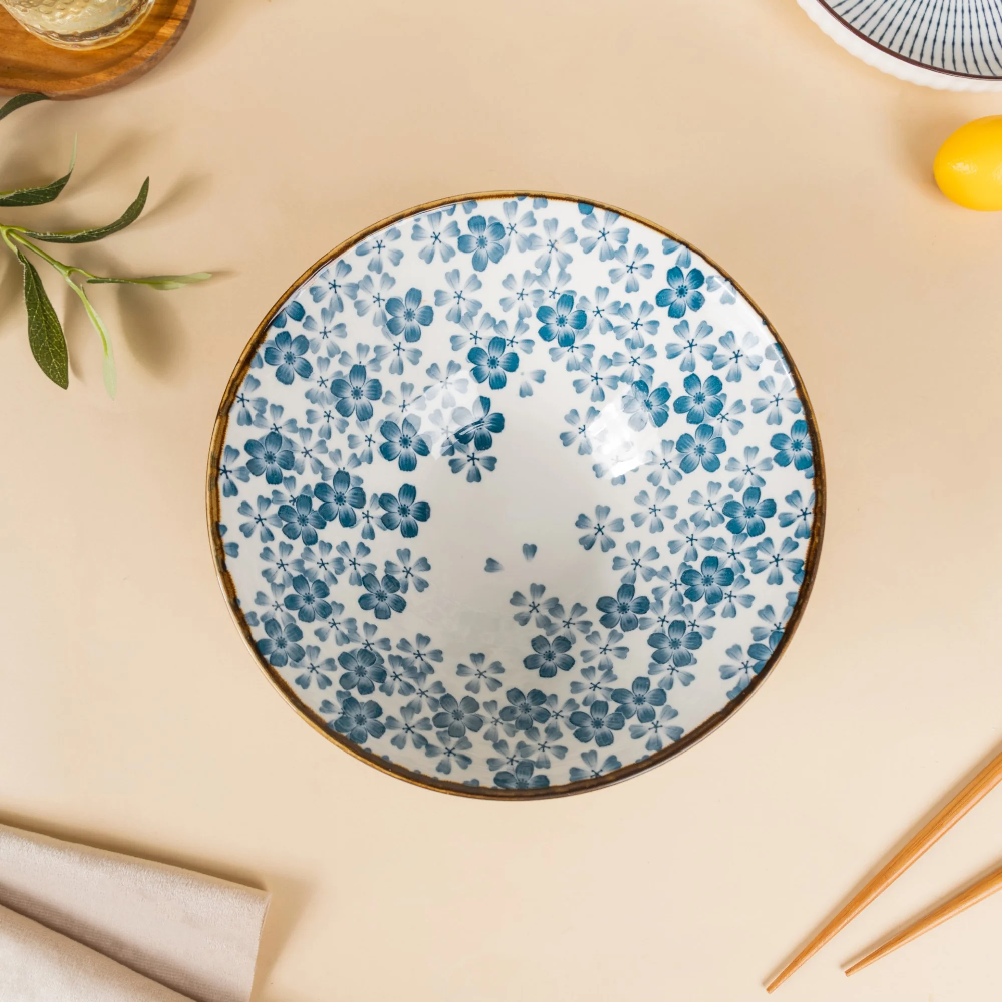 Blue Ditsy Flower Ceramic Ramen Bowl 800 ml - Image 3