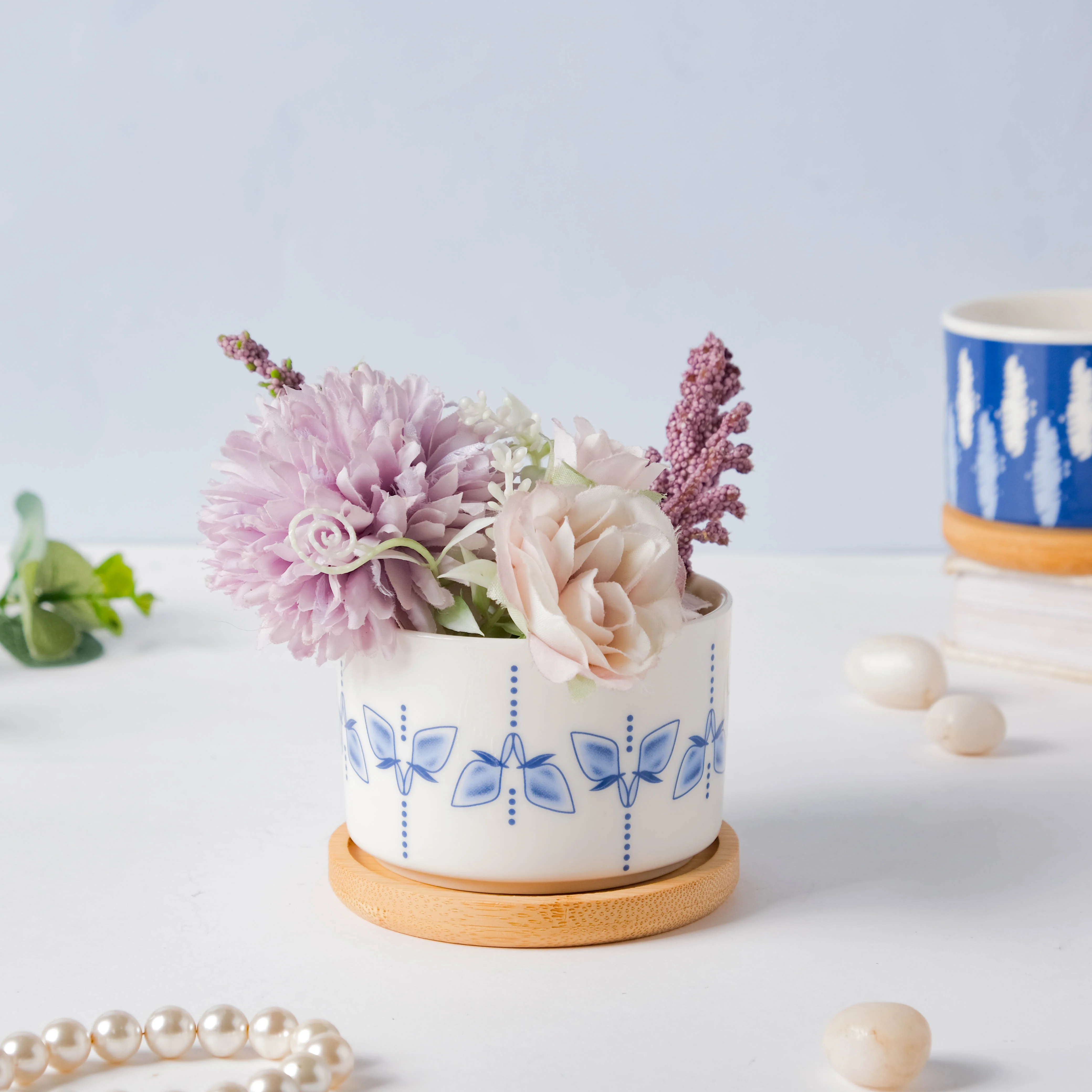 Blue Dragonfly Japanese Planter With Wooden Coaster - Image 2