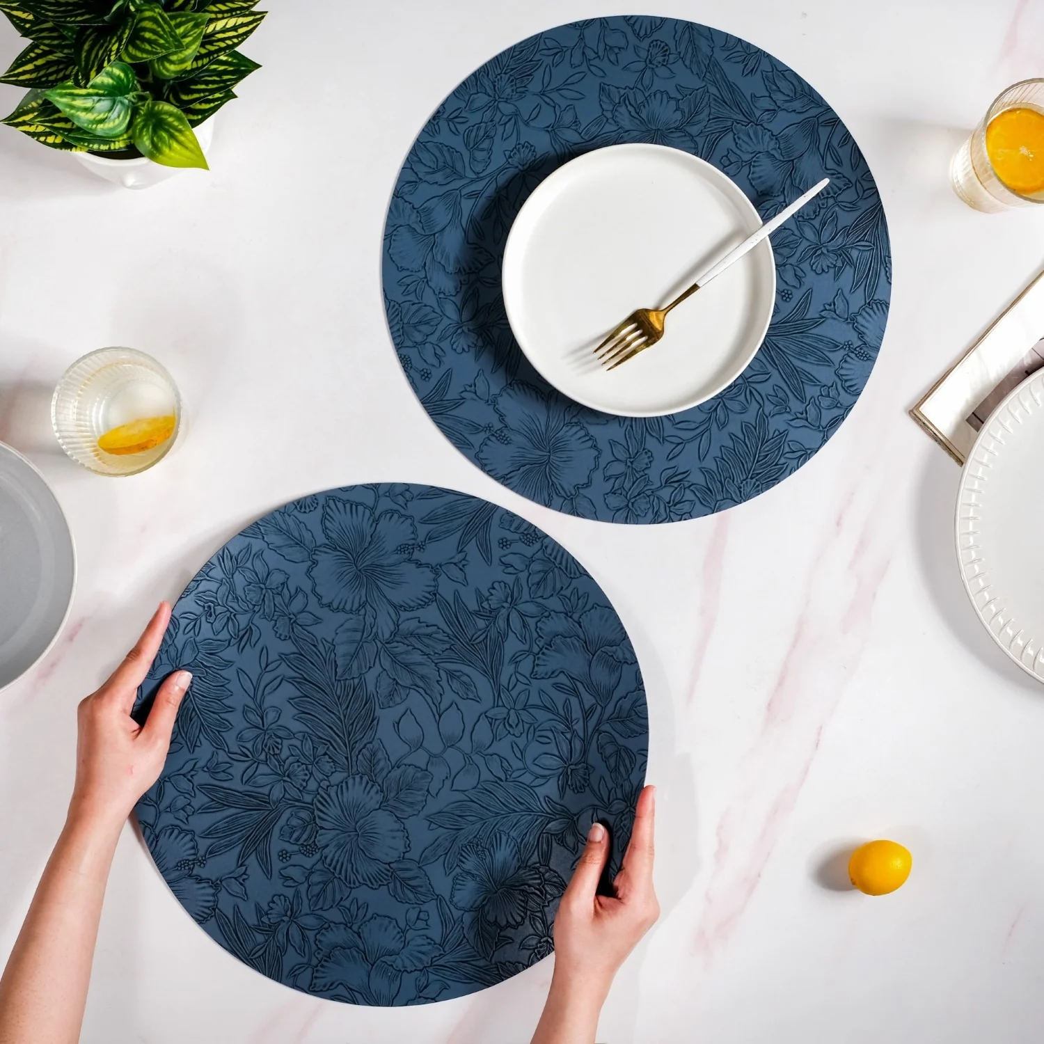 Blue Embossed Hibiscus Round Placemats Set Of 6 - Image 2