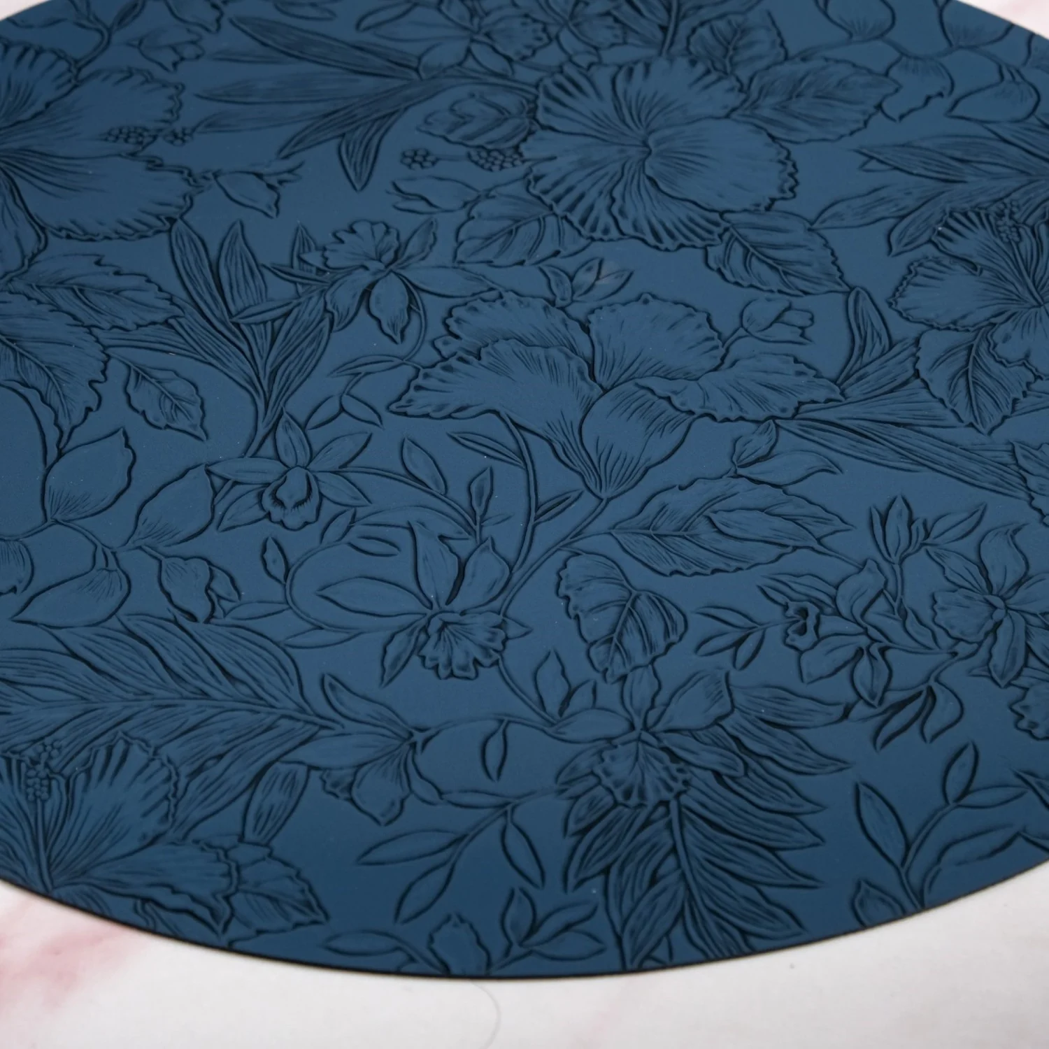 Blue Embossed Hibiscus Round Placemats Set Of 6 - Image 3