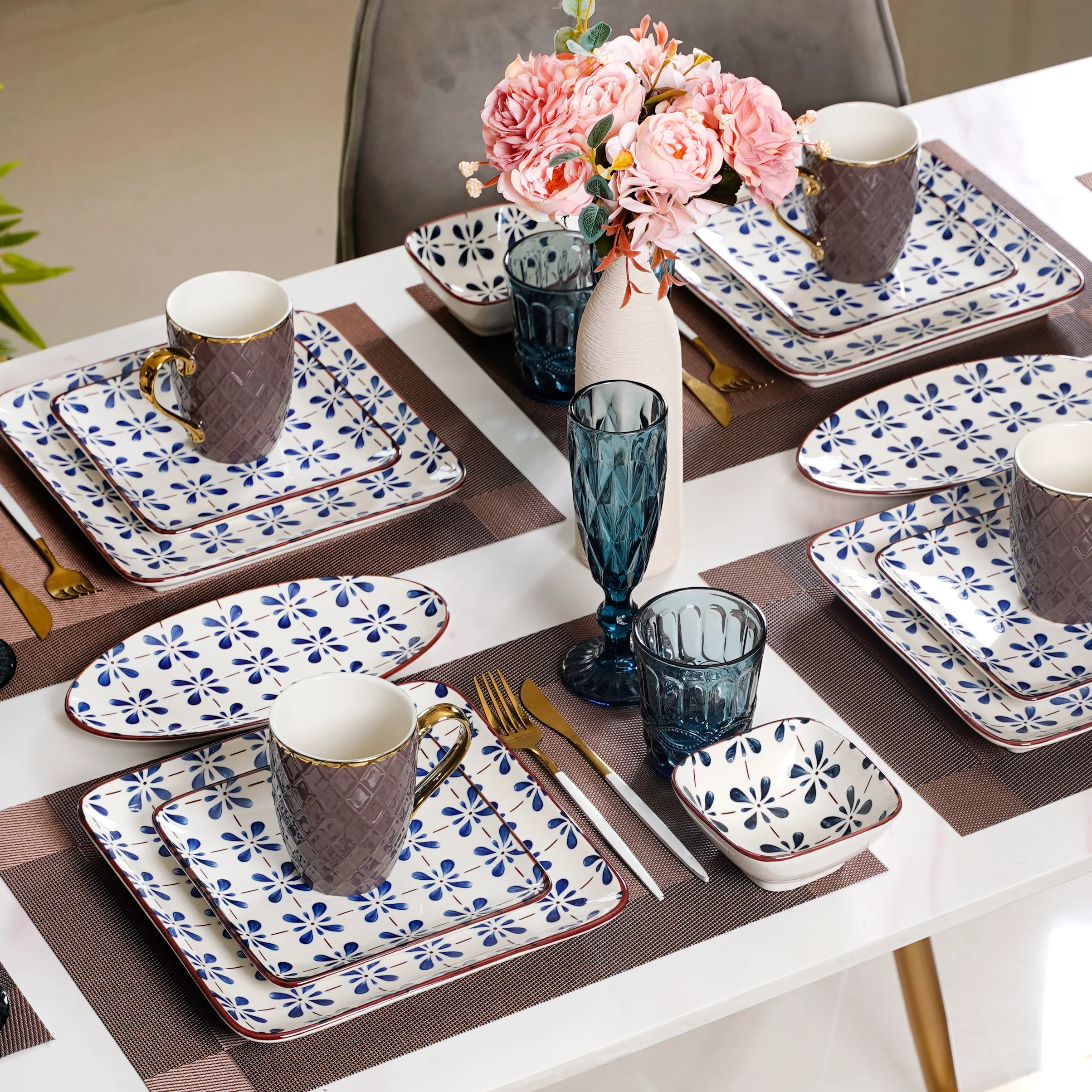 Blue Flower Ceramic 22 Piece Dinner Set For 6 - Image 2