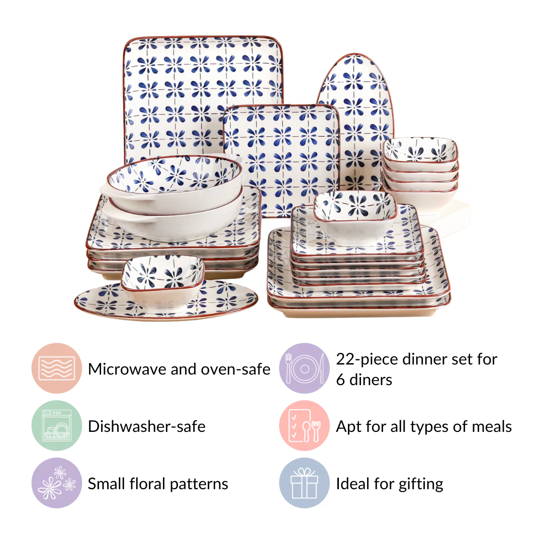 Blue Flower Ceramic 22 Piece Dinner Set For 6 - Image 7