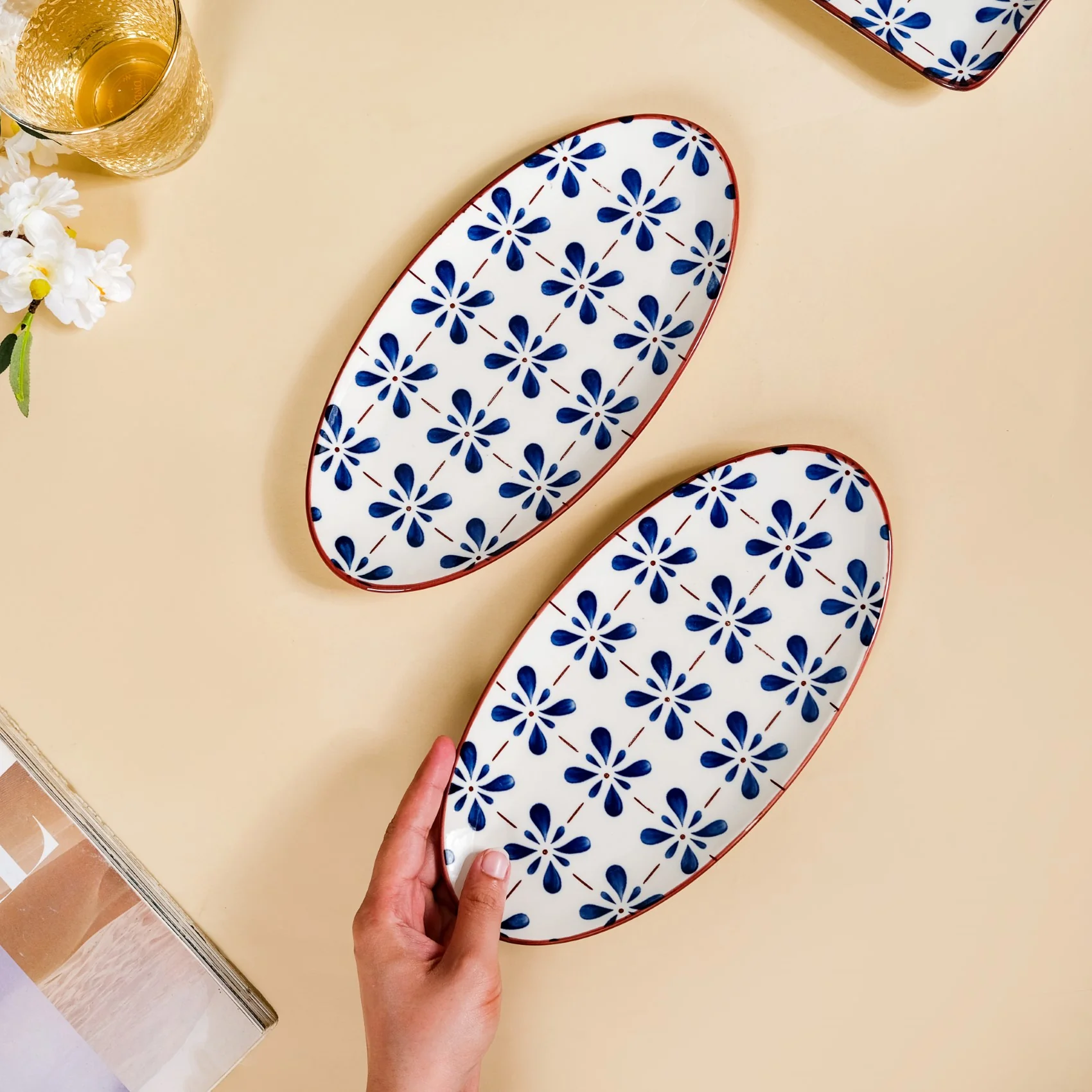 Blue Flower Oval Serving Platters Set Of 2 9 Inch - Image 2