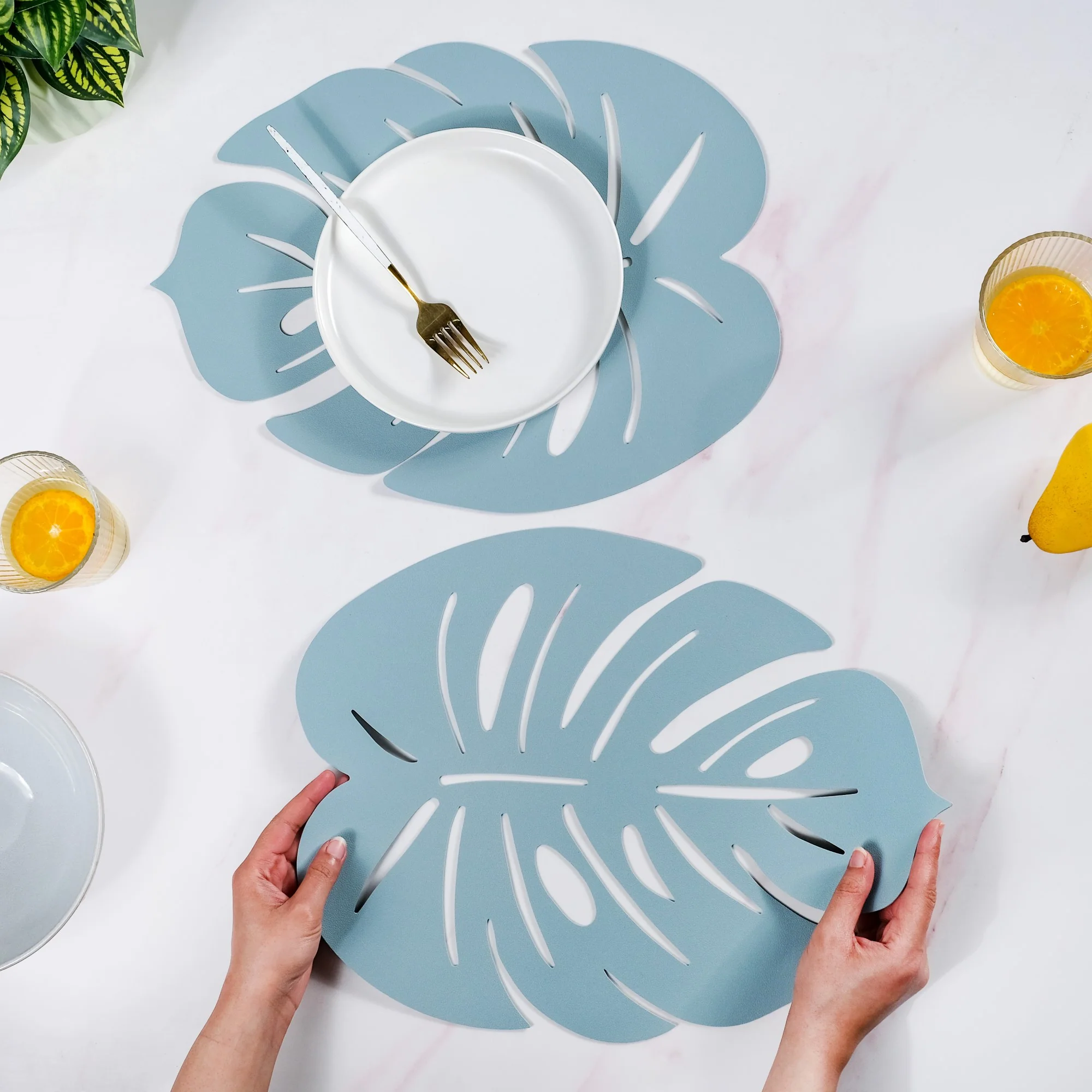 Blue Laser Cut Monstera Leaf Table Mat Set Of 6 - Image 2