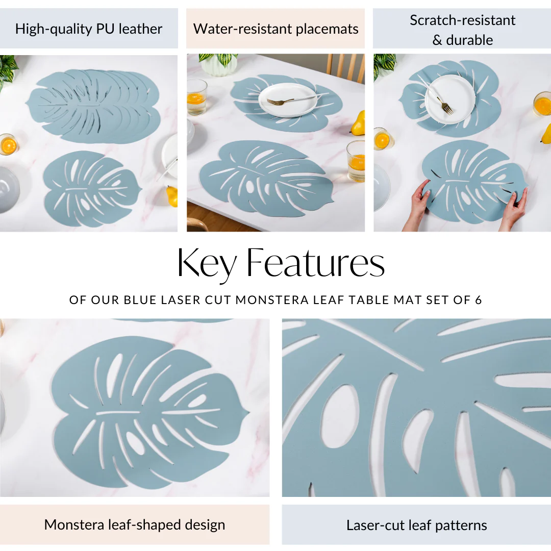 Blue Laser Cut Monstera Leaf Table Mat Set Of 6 - Image 5