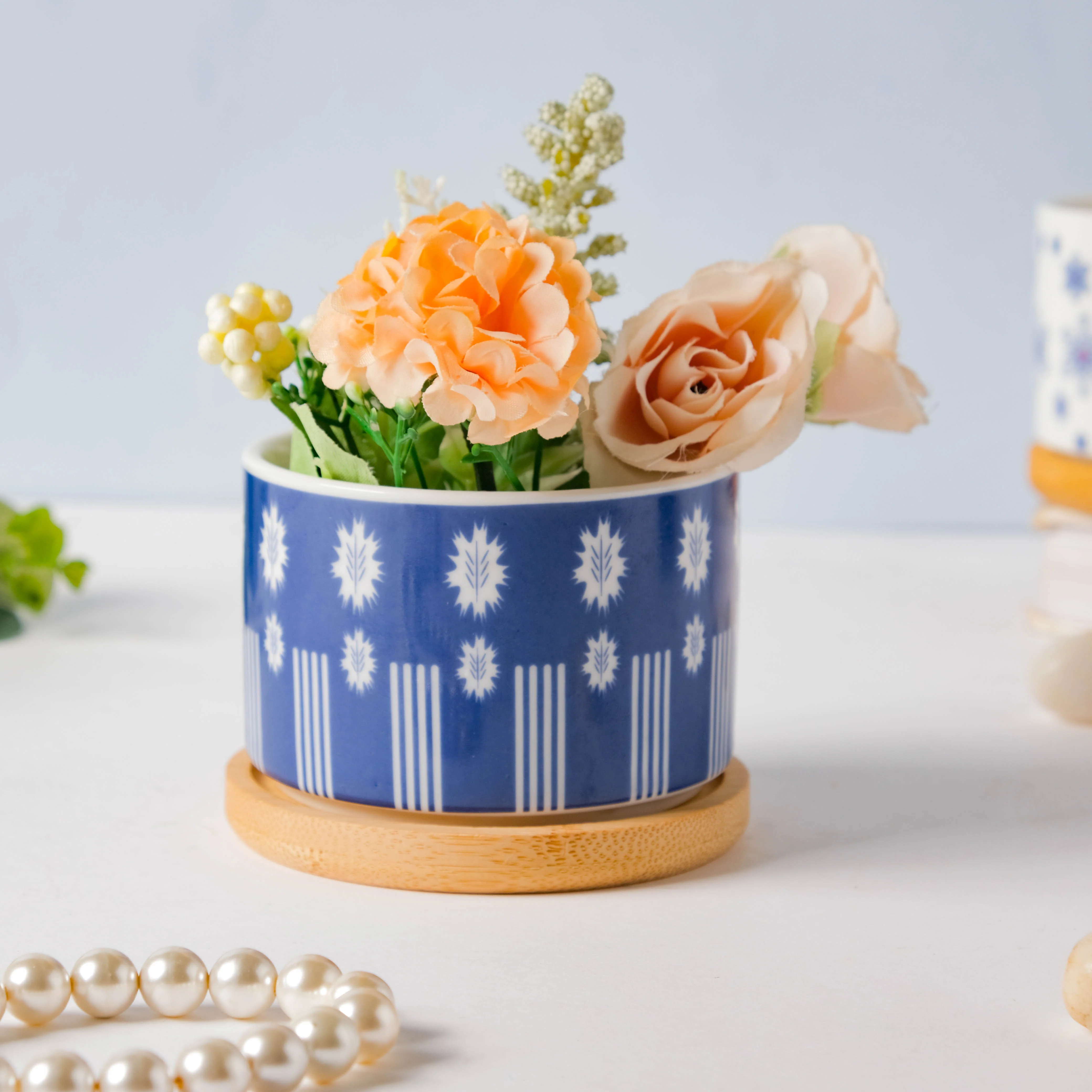 Blue Leaf Japanese Planter And Wooden Coaster