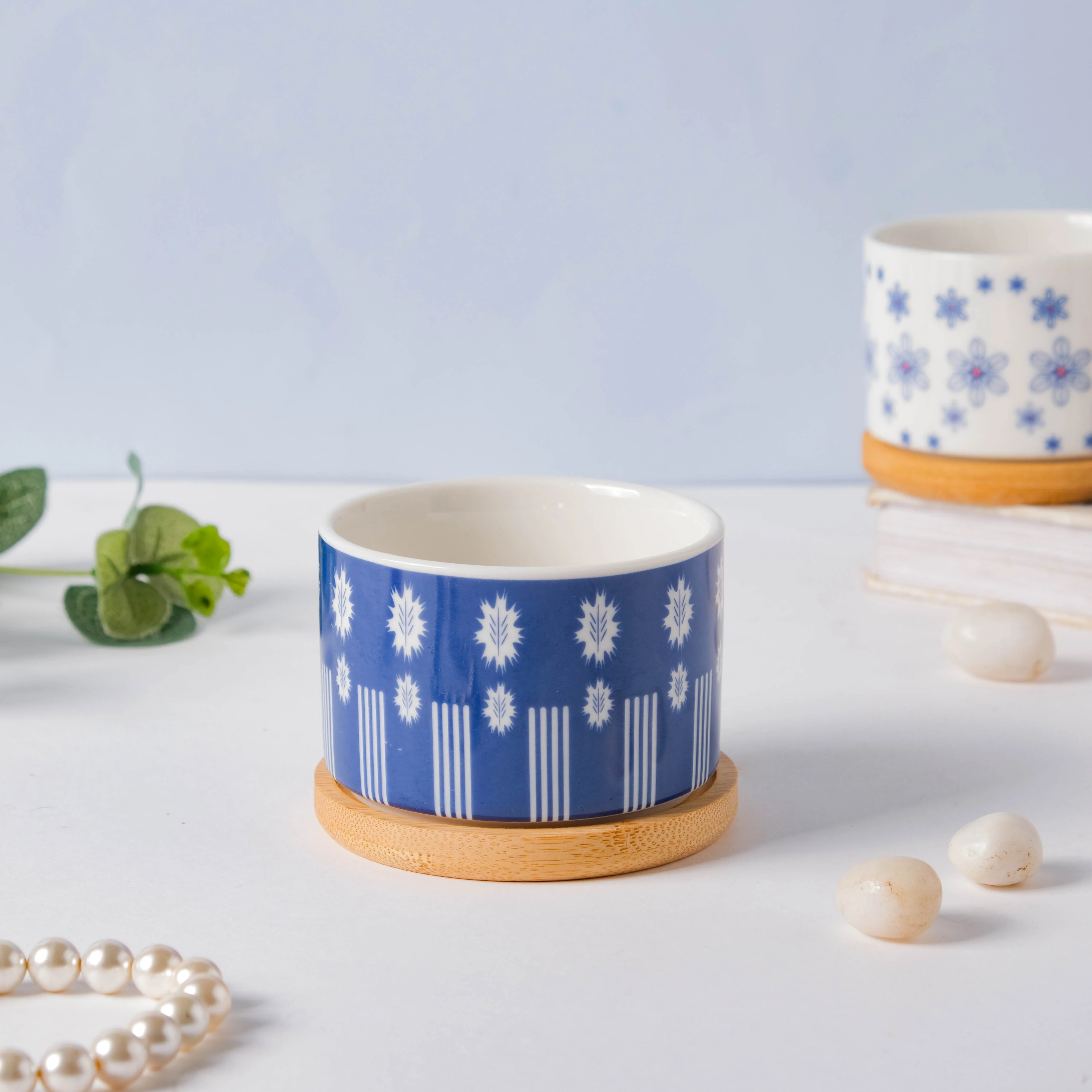 Blue Leaf Japanese Planter And Wooden Coaster - Image 4