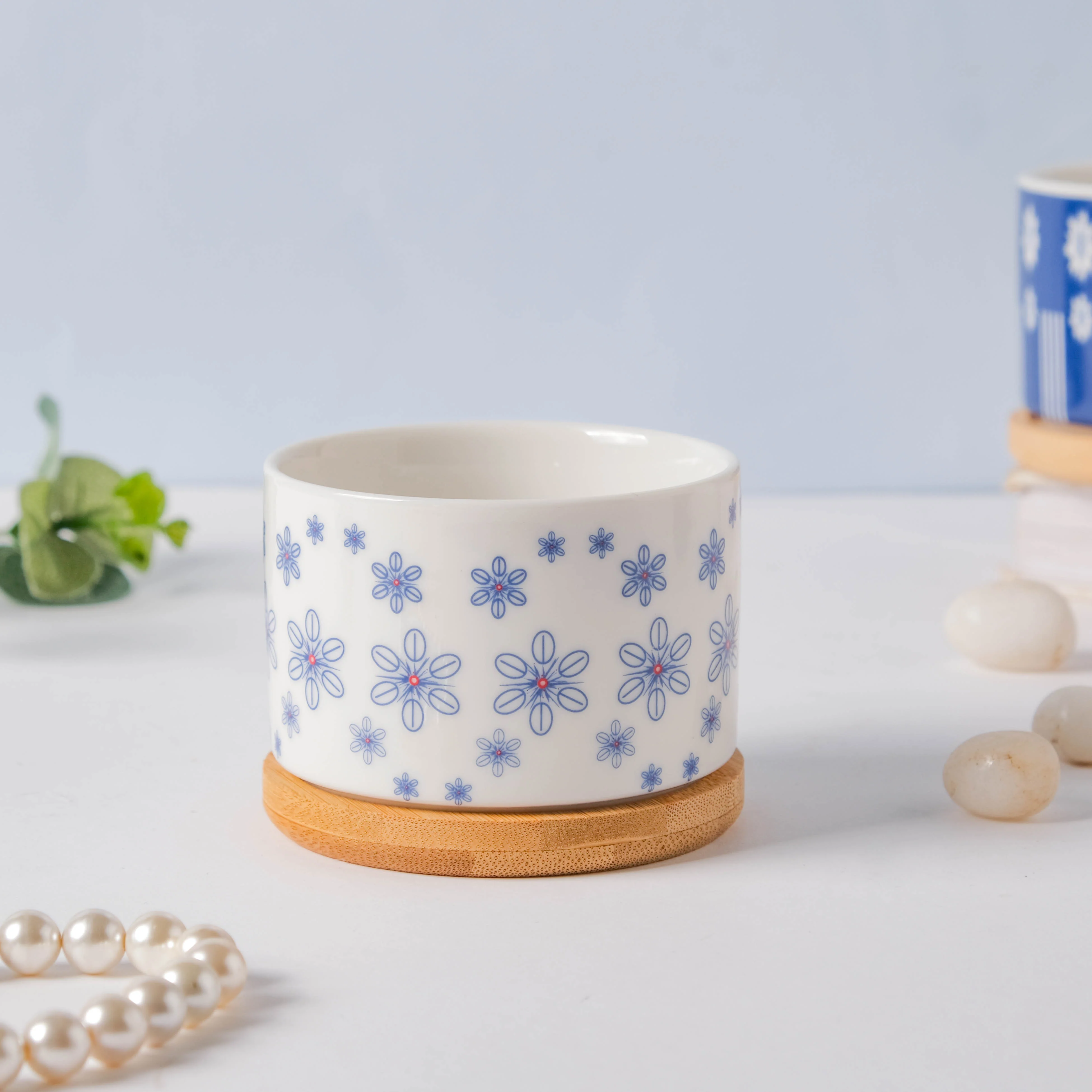 Blue Snowflake Japanese Planter And Wooden Coaster - Image 3