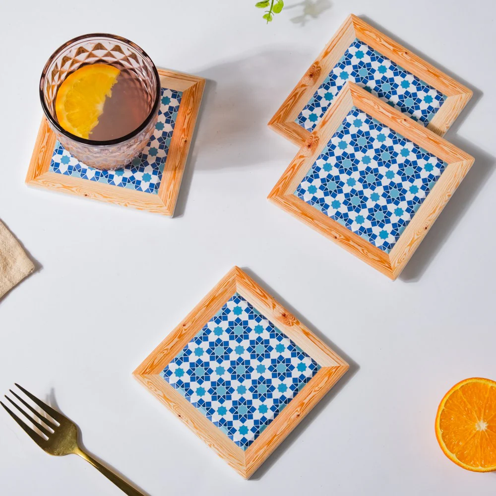 Blue Square Zellij Art Ceramic Coaster Set Of 4 - Image 5
