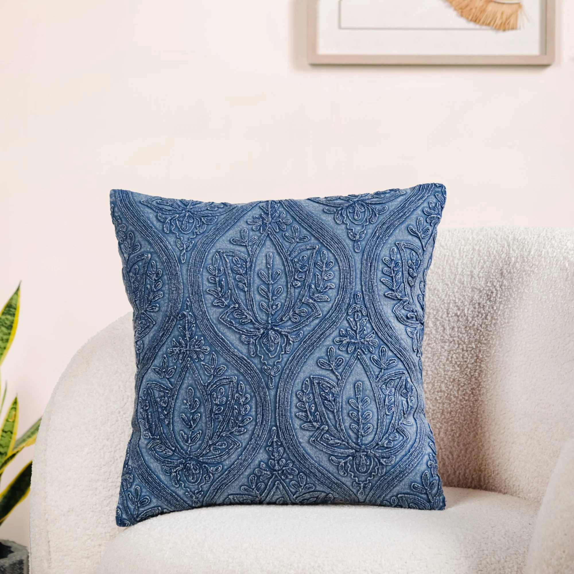 Blue Stonewash Embroidered Cotton Cushion Cover 40x40cm