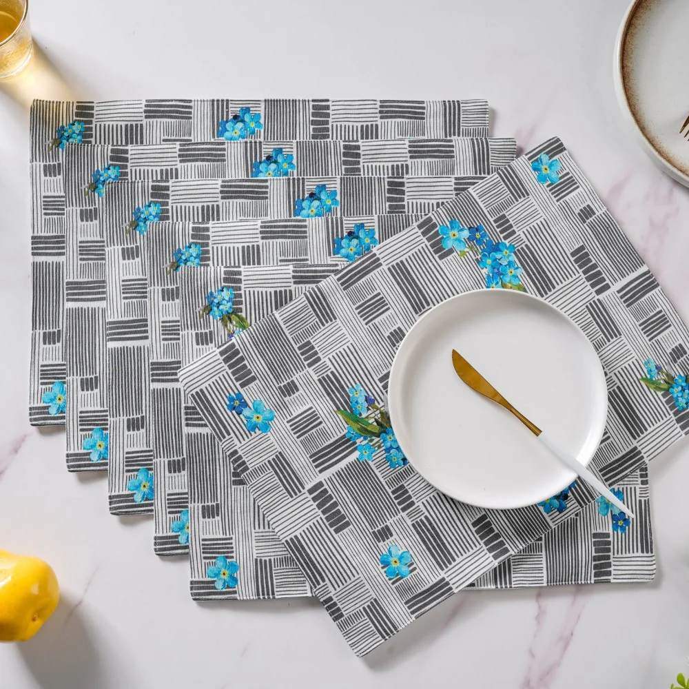 Bluebell Dining Cotton Printed Table Mat Grey Set Of 6
