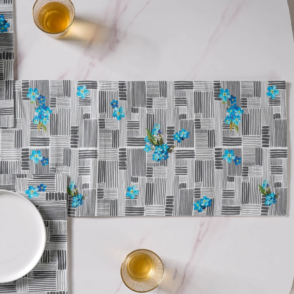 Bluebell Dining Cotton Printed Table Runner Grey For 6 Seater - Image 2
