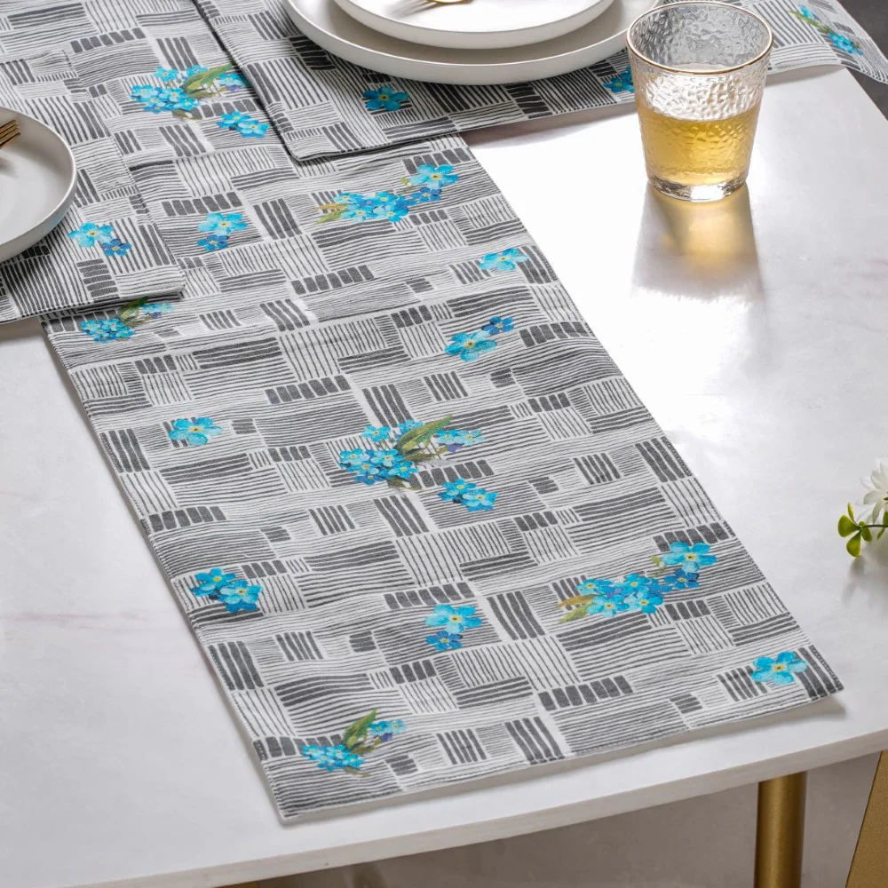 Bluebell Dining Cotton Printed Table Runner Grey For 6 Seater - Image 6