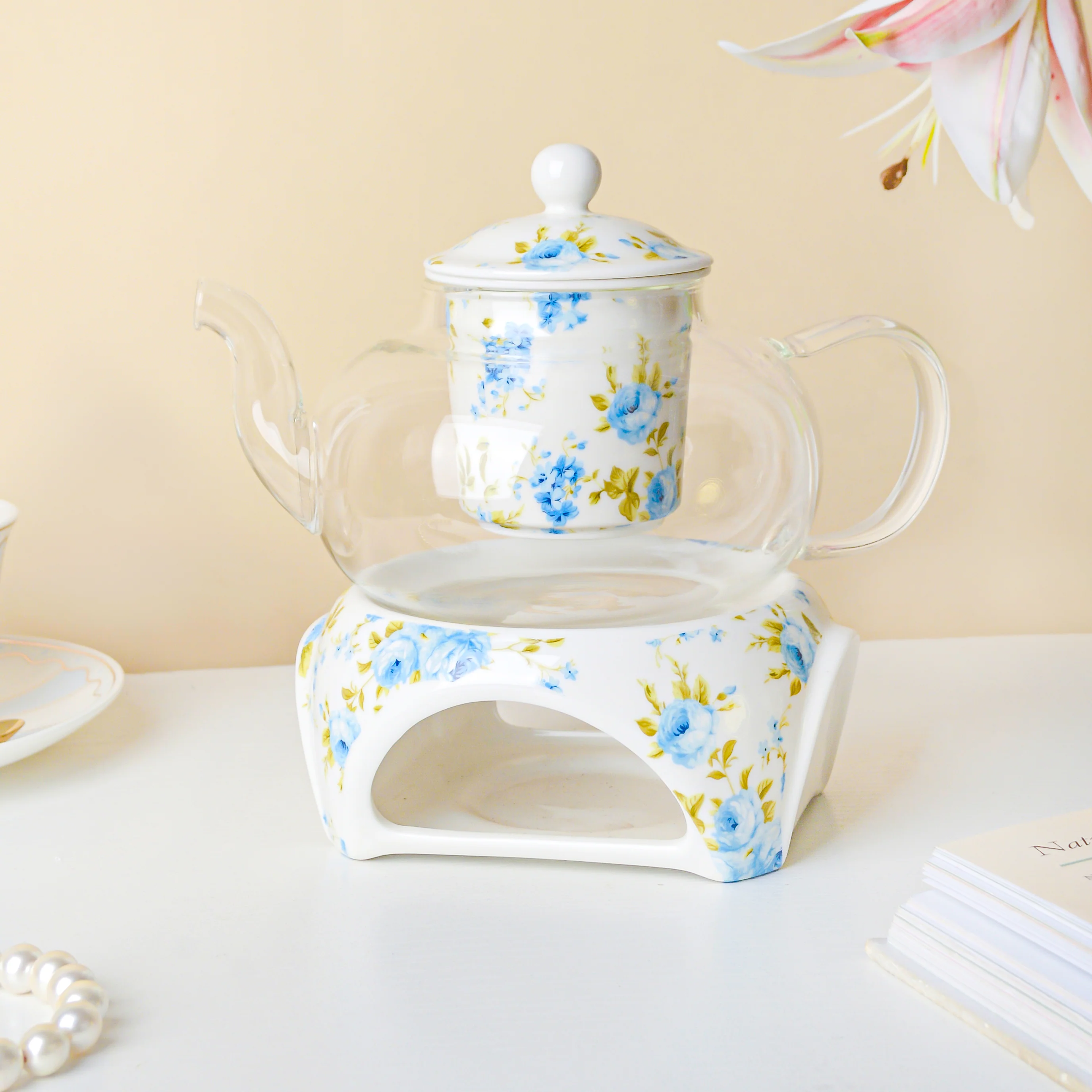 Bluebird Glass Teapot With Warmer White And Blue 700 ml - Image 5
