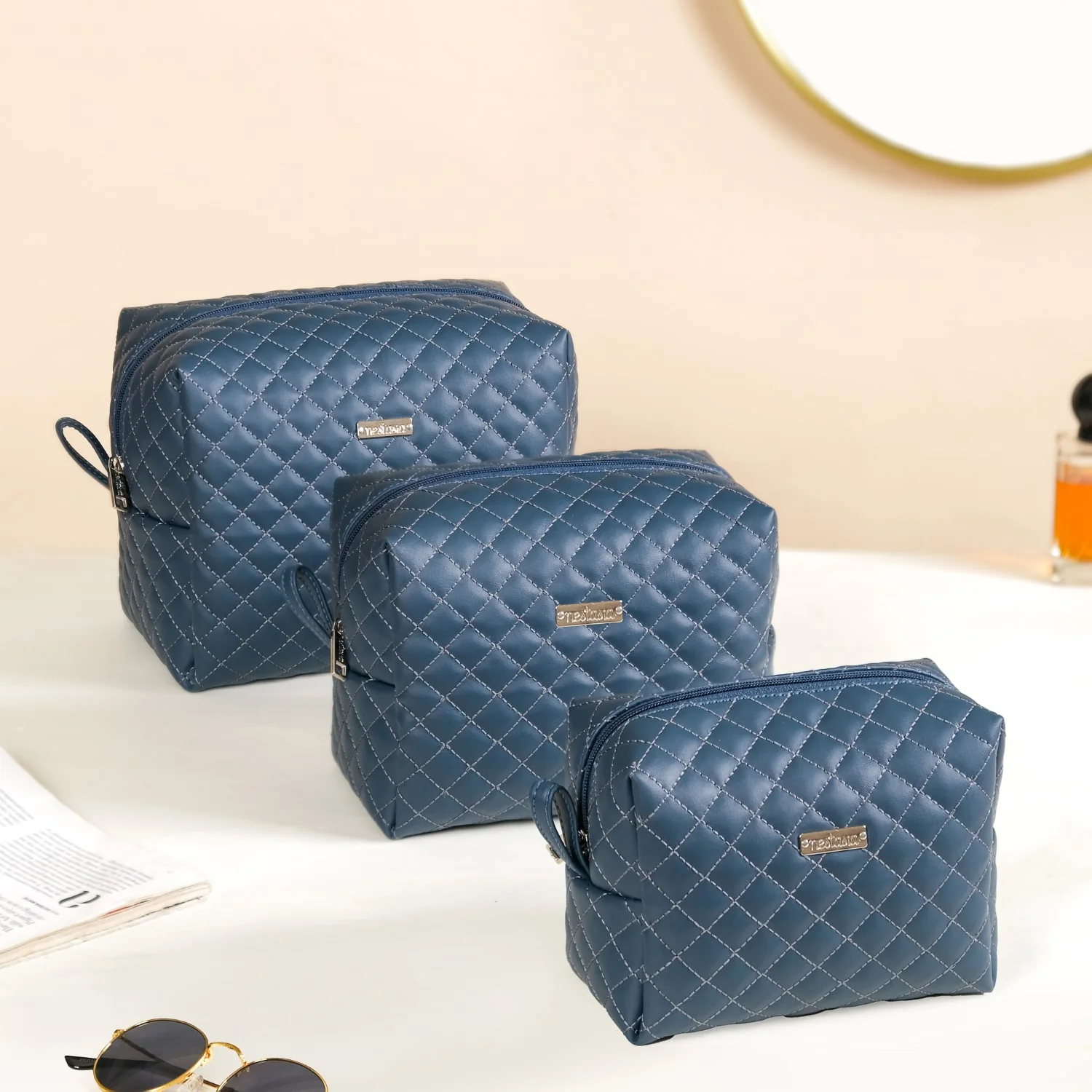 Bluish Grey Quilted Makeup Bags Set Of 3 - Image 7