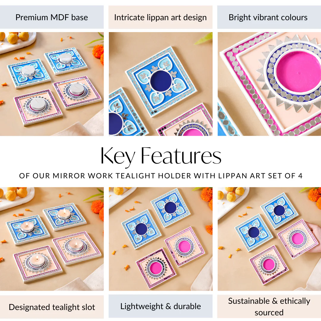 Blush Blue Mirror Work Tealight Candle Holder With Lippan Art Set Of 4 - Image 5
