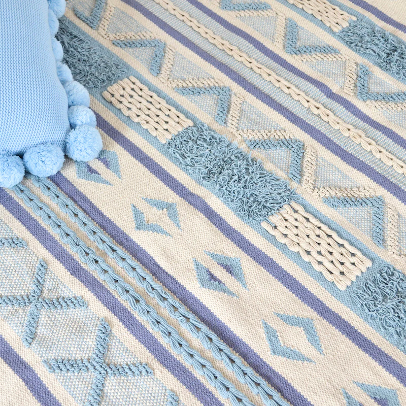 BOHO Bluebell Hand Woven Rug - Blue White & Natural - Image 6