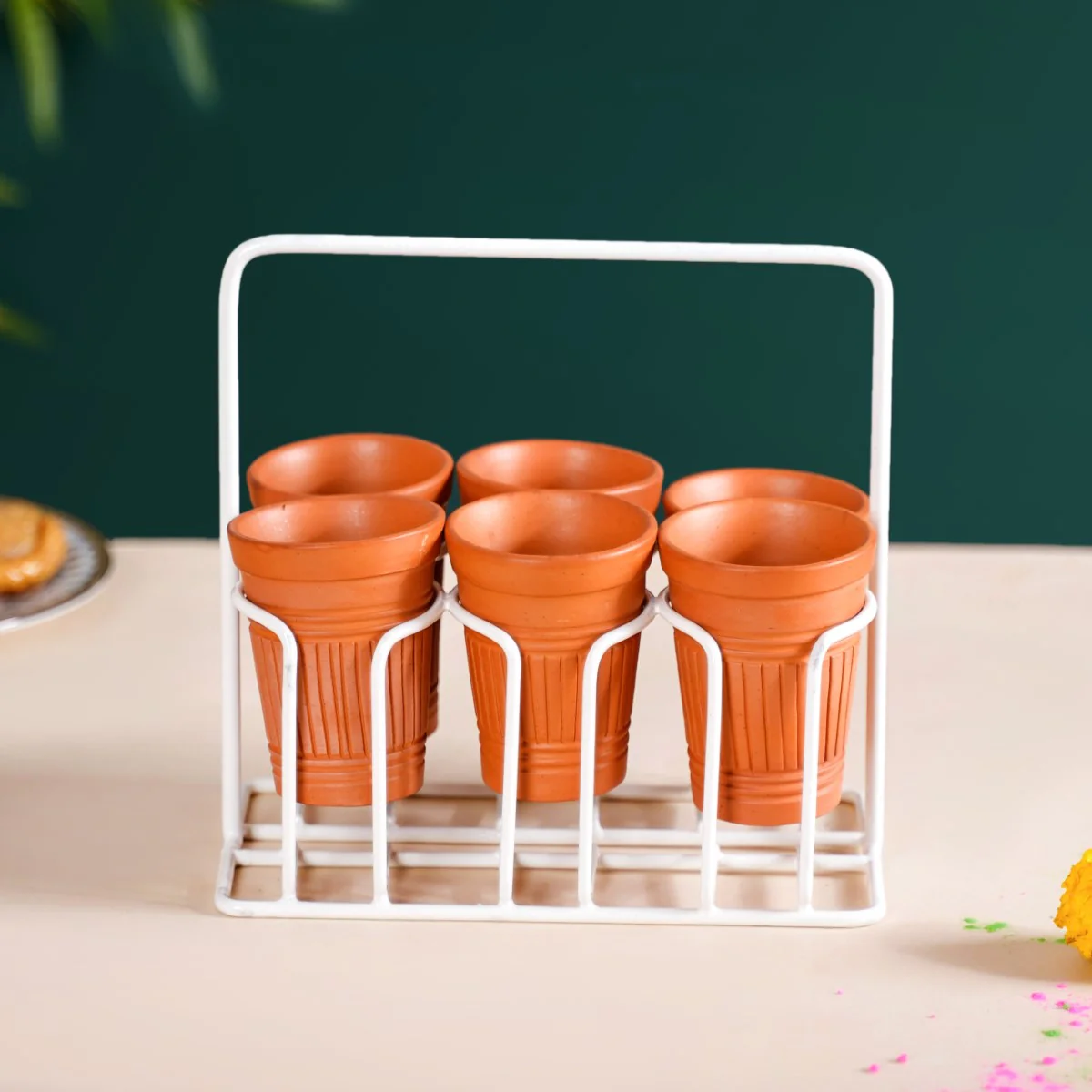 Bombay Cutting Chai Terracotta Kulhad Set Of 6 With White Metal Stand - Image 15
