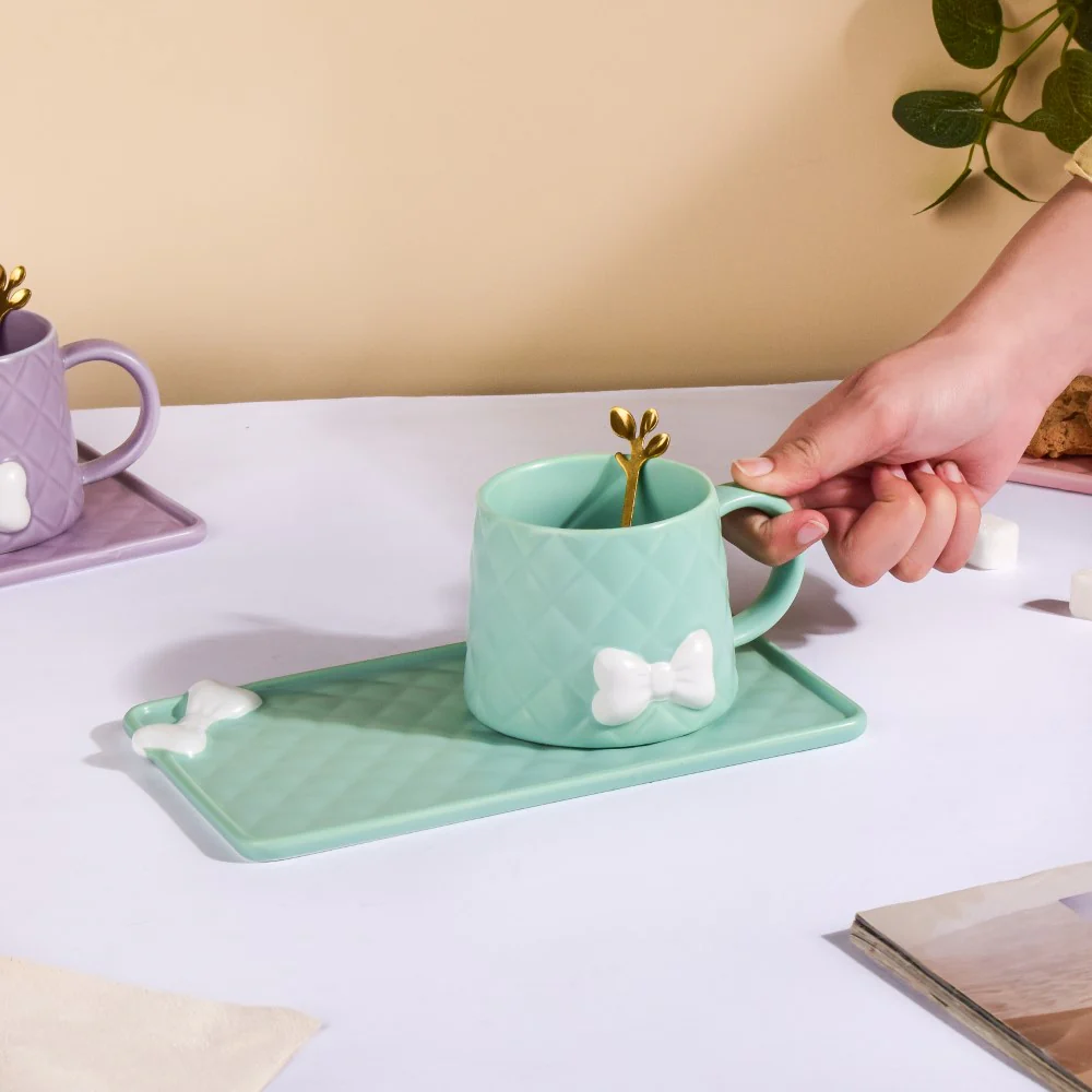 Bow Cup With Rectangular Plate Green 260 ml - Image 2