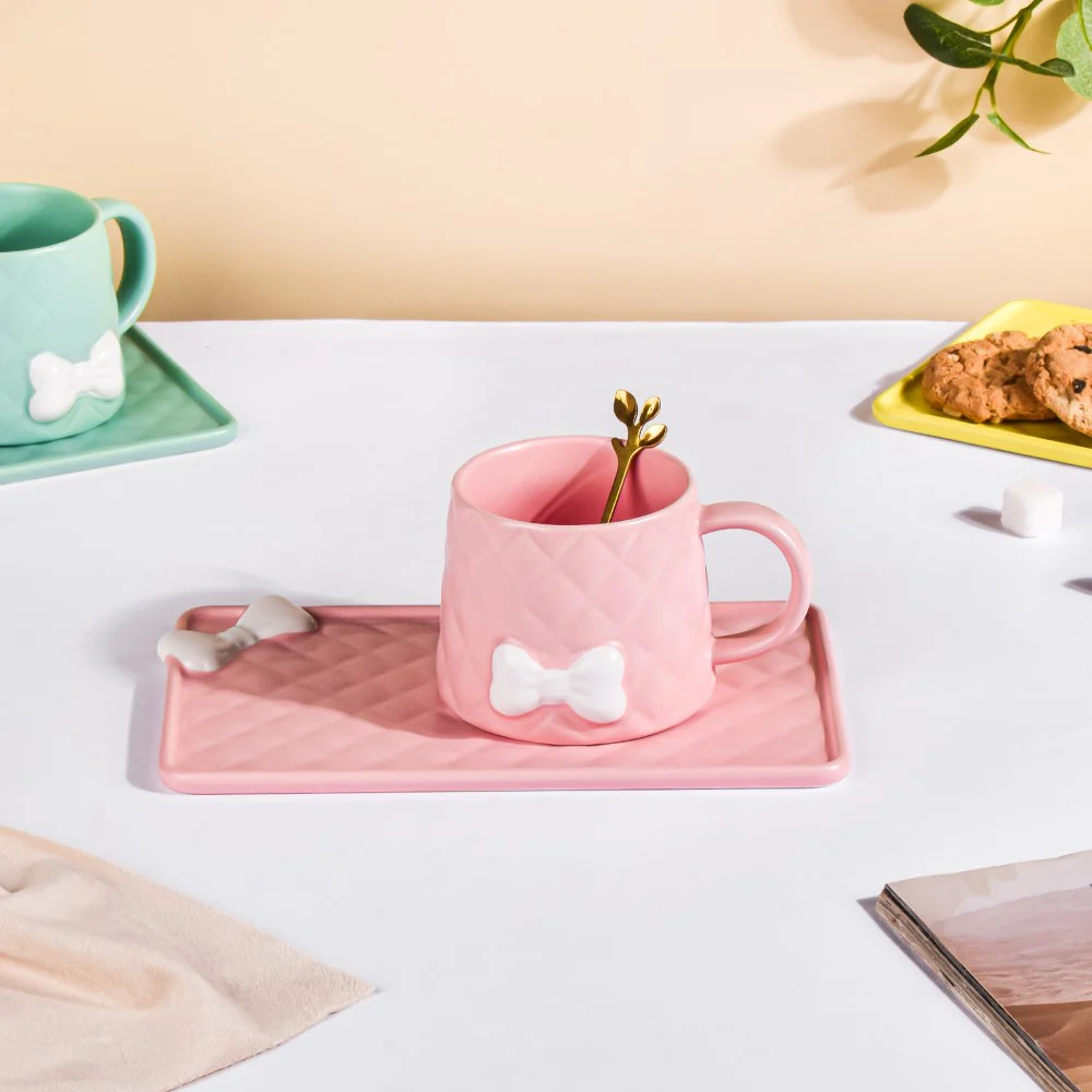 Bow Cup With Rectangular Plate Pink 260 ml