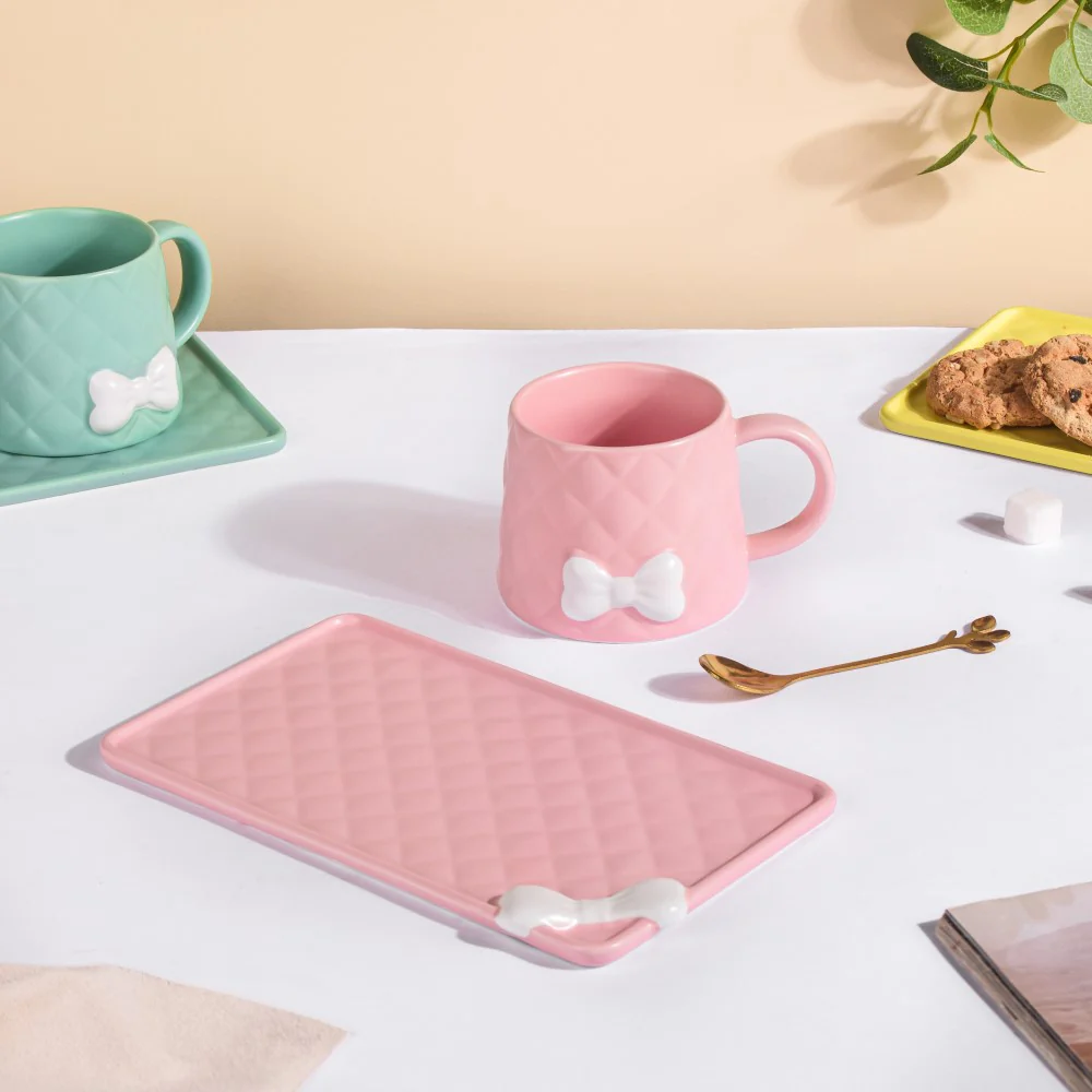 Bow Cup With Rectangular Plate Pink 260 ml - Image 3
