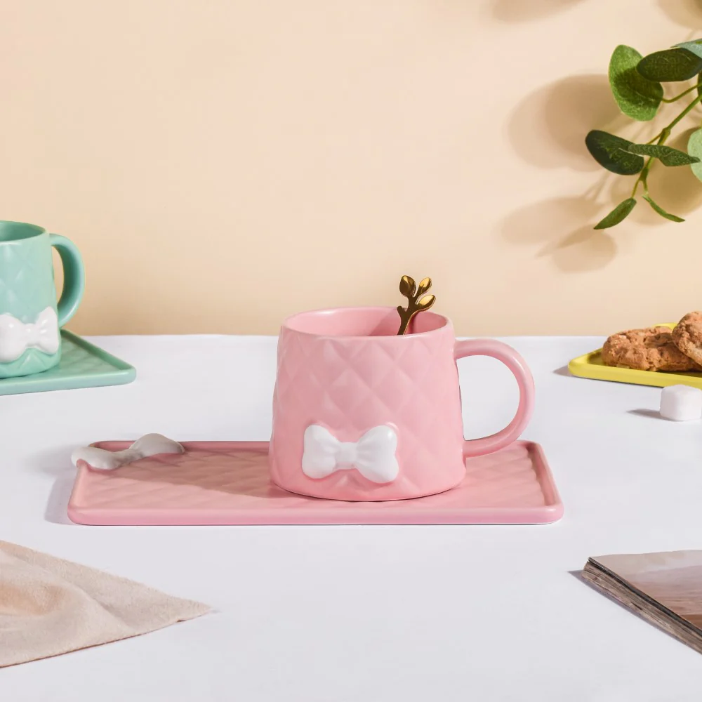 Bow Cup With Rectangular Plate Pink 260 ml - Image 4