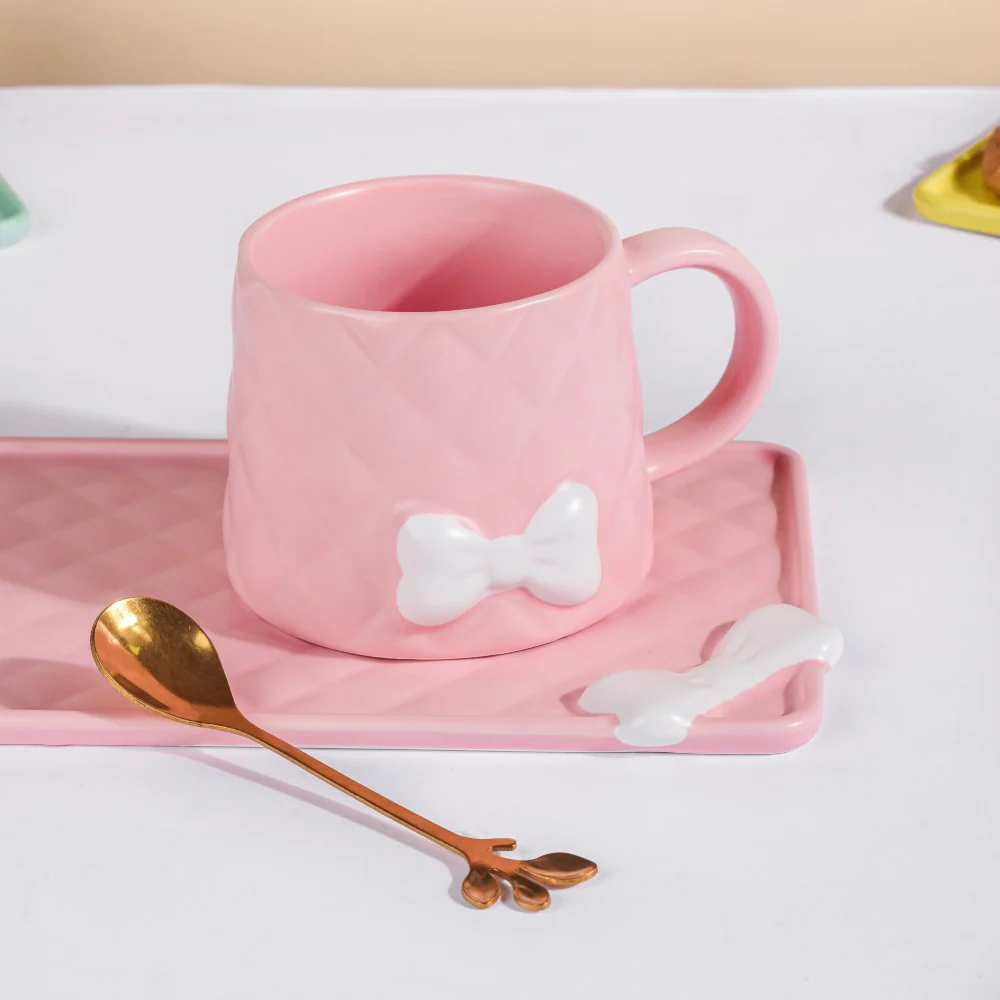 Bow Cup With Rectangular Plate Pink 260 ml - Image 6