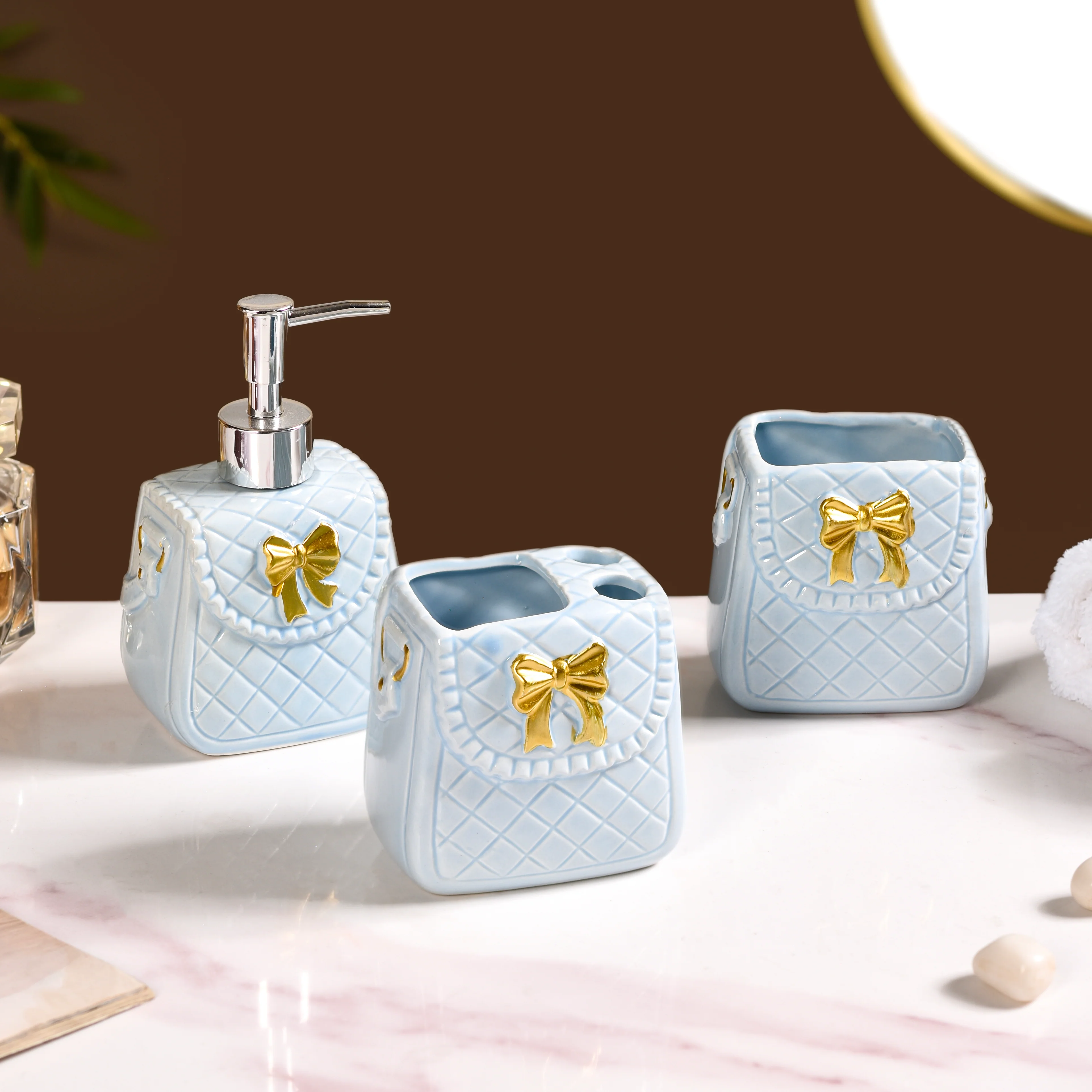 Bow Detail Blue Ceramic Bath Accessories Set Of 3 - Image 4
