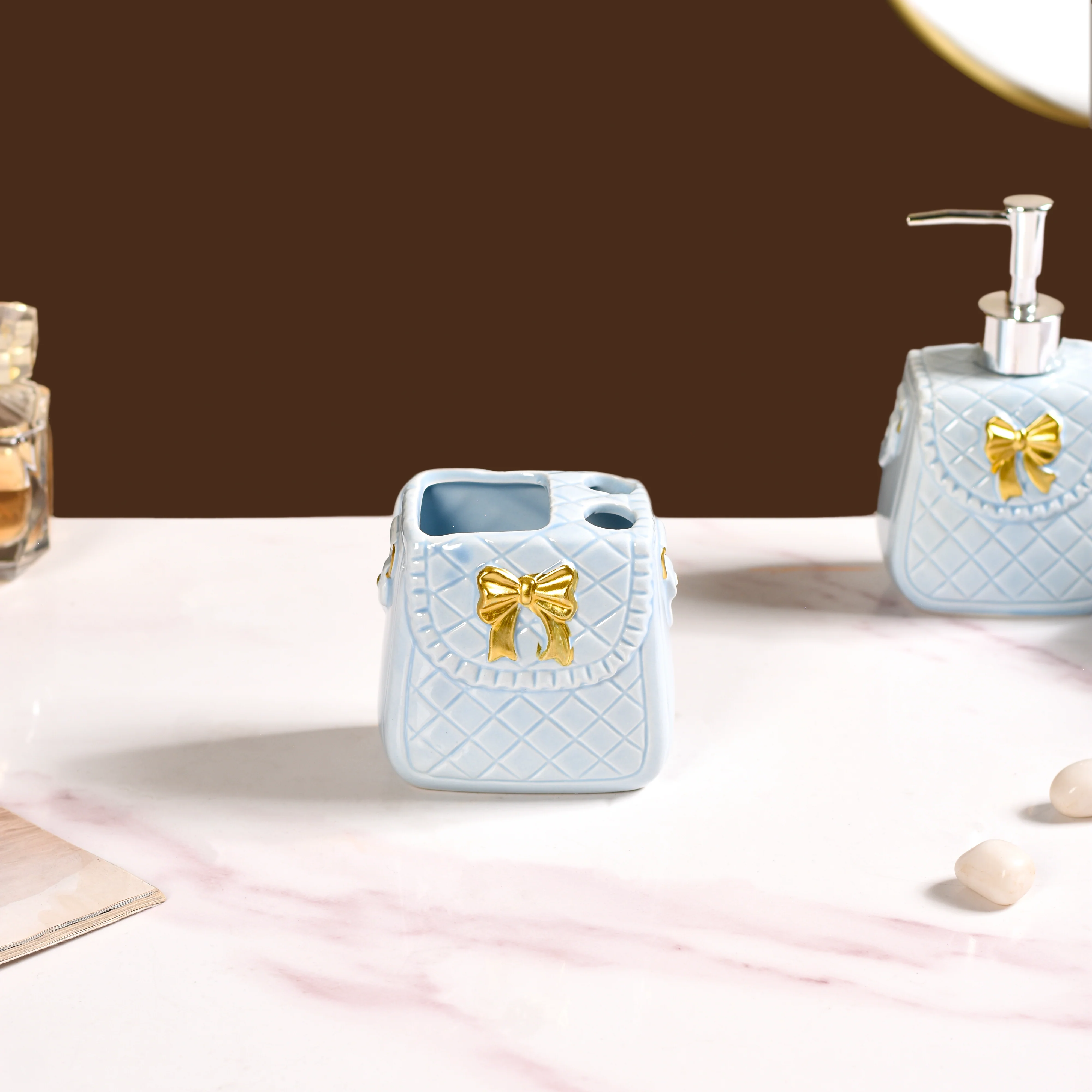 Bow Detail Blue Ceramic Bath Accessories Set Of 3 - Image 7