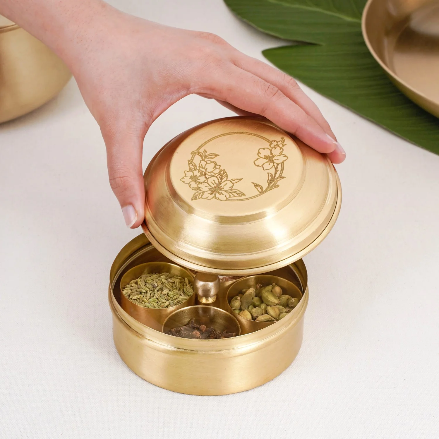 Brass Hibiscus Mukhwas Box with Lid – Traditional Spice Storage Container - Image 3